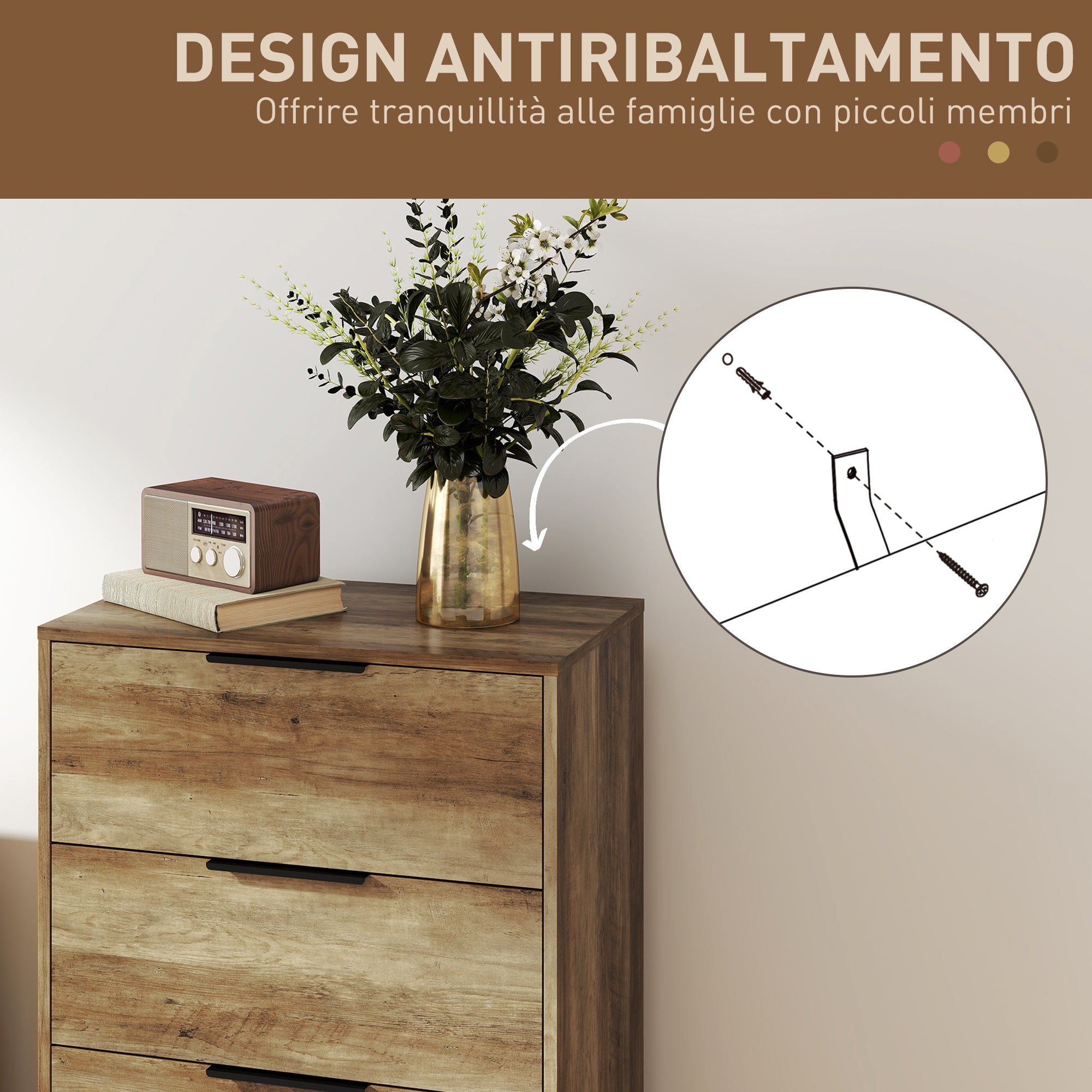 Cassettiera 4 Cassetti Antiribaltamento con Maniglie Nere, Mobile Cassettiera in Truciolato e Metallo, 62x35x105 cm, Marrone Chiaro