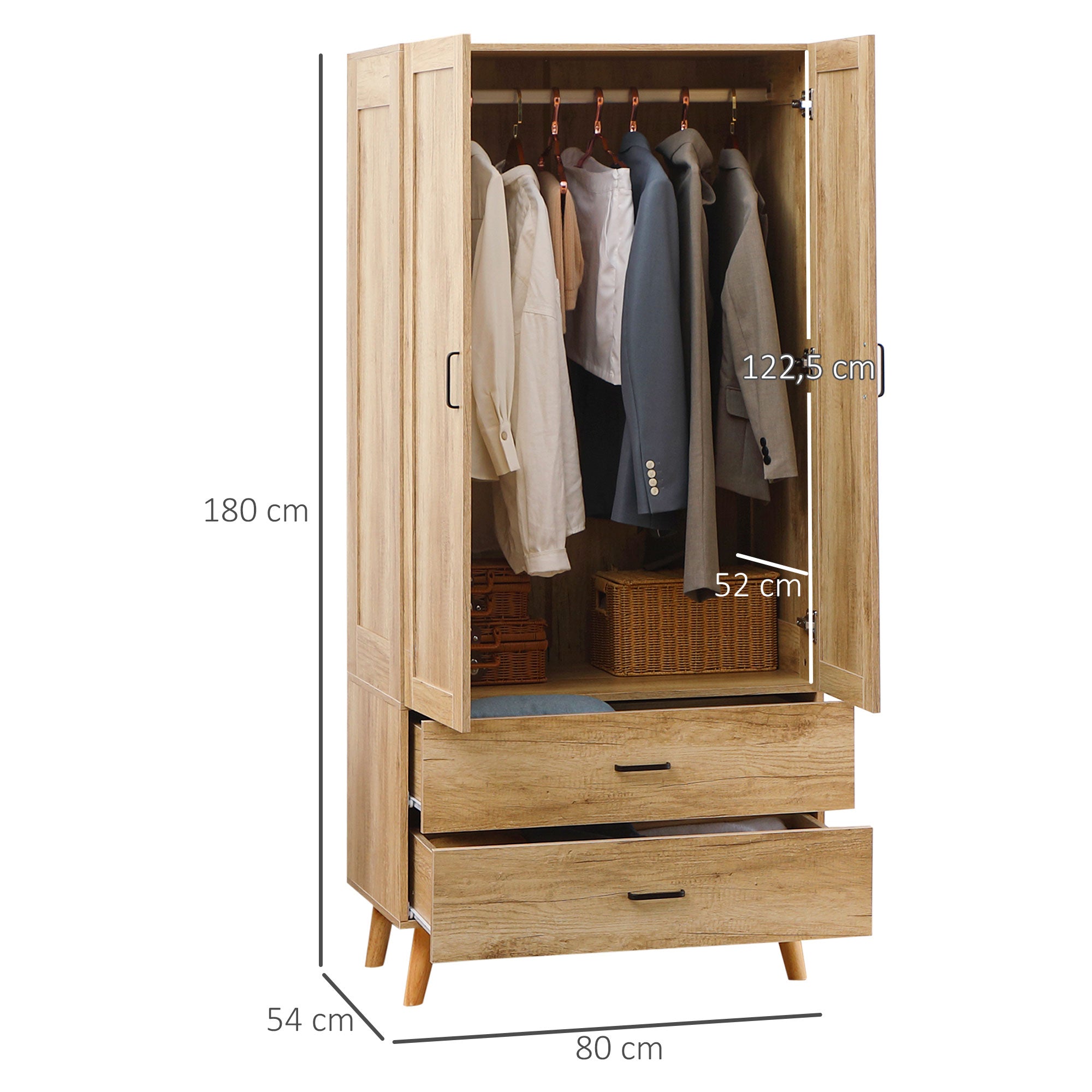 Wardrobe Closet Storage Wardrobe with 2 Doors, 2 Drawers, and Hanging Rod - 80 x 54 x 180 cm