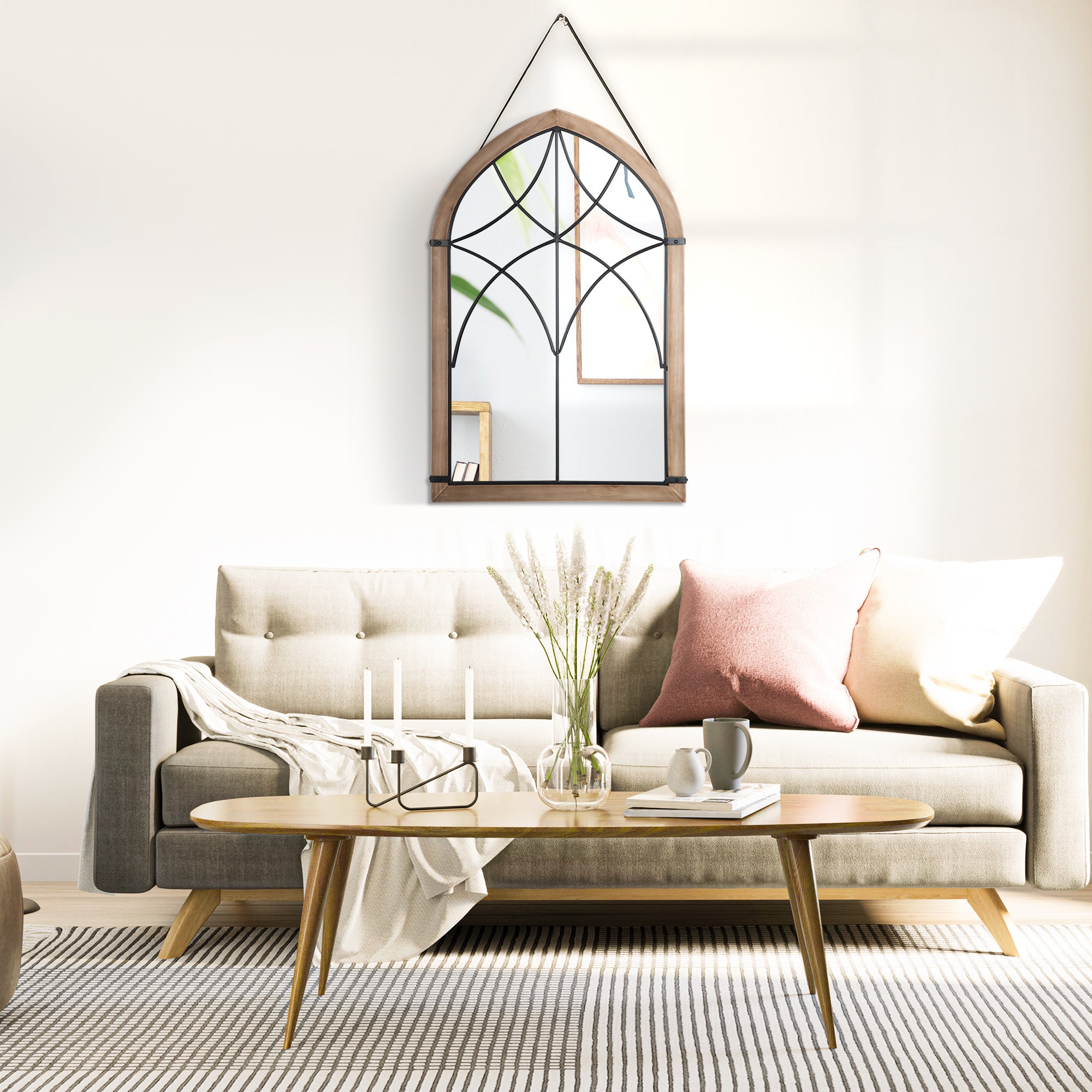 Decorative Wooden Wall Mirror 93x60 cm Window Mirror with 2 Hooks Vintage Style for Living Room Bedroom Dining Room Entryway Brown