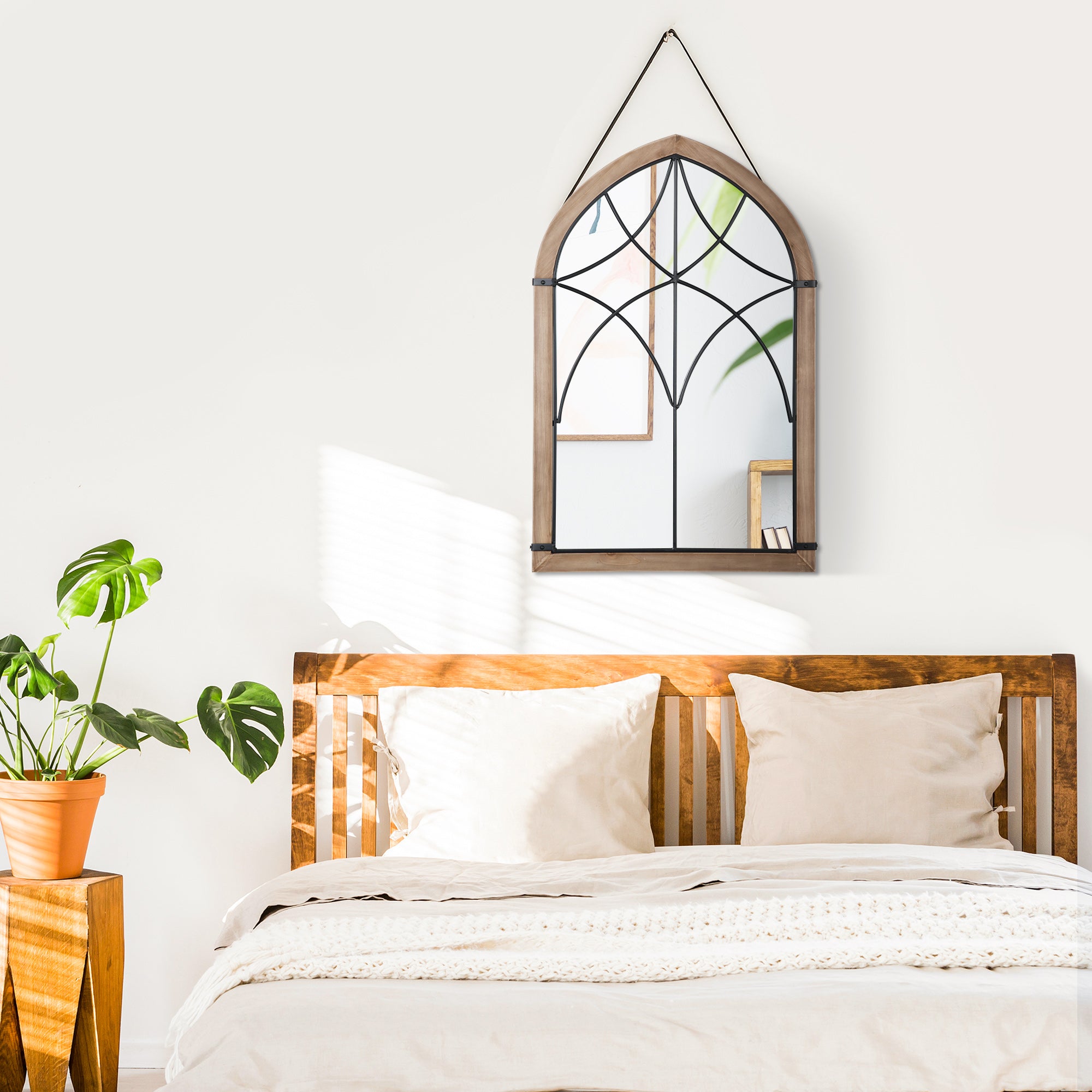 Decorative Wooden Wall Mirror 93x60 cm Window Mirror with 2 Hooks Vintage Style for Living Room Bedroom Dining Room Entryway Brown