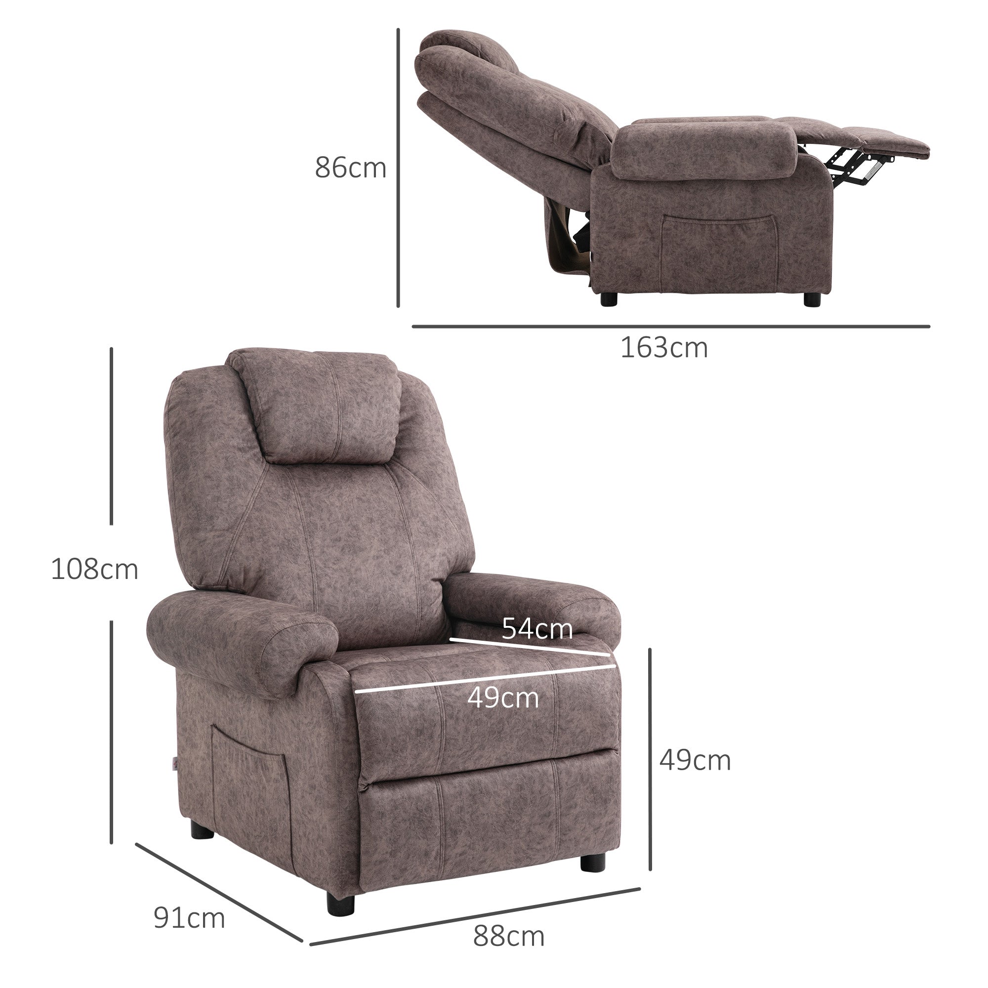 Manual Reclining Relax Armchair in Fabric, Reclining Armchair with Removable Footrest and Side Pocket, Brown