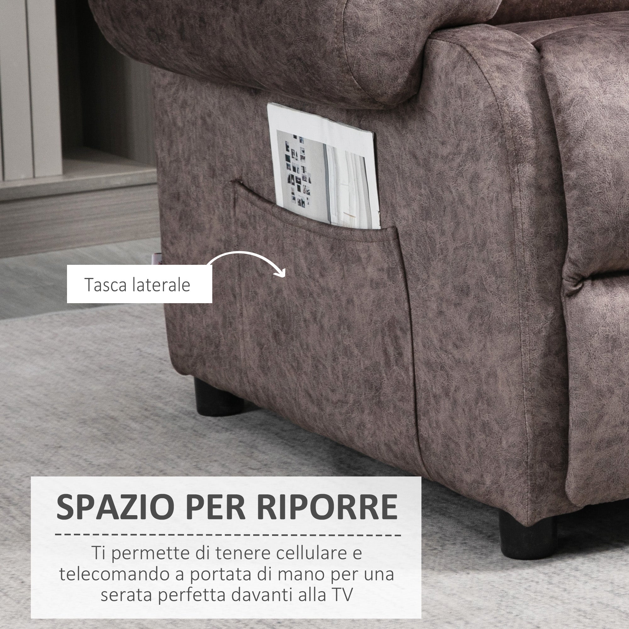 Manual Reclining Relax Armchair in Fabric, Reclining Armchair with Removable Footrest and Side Pocket, Brown