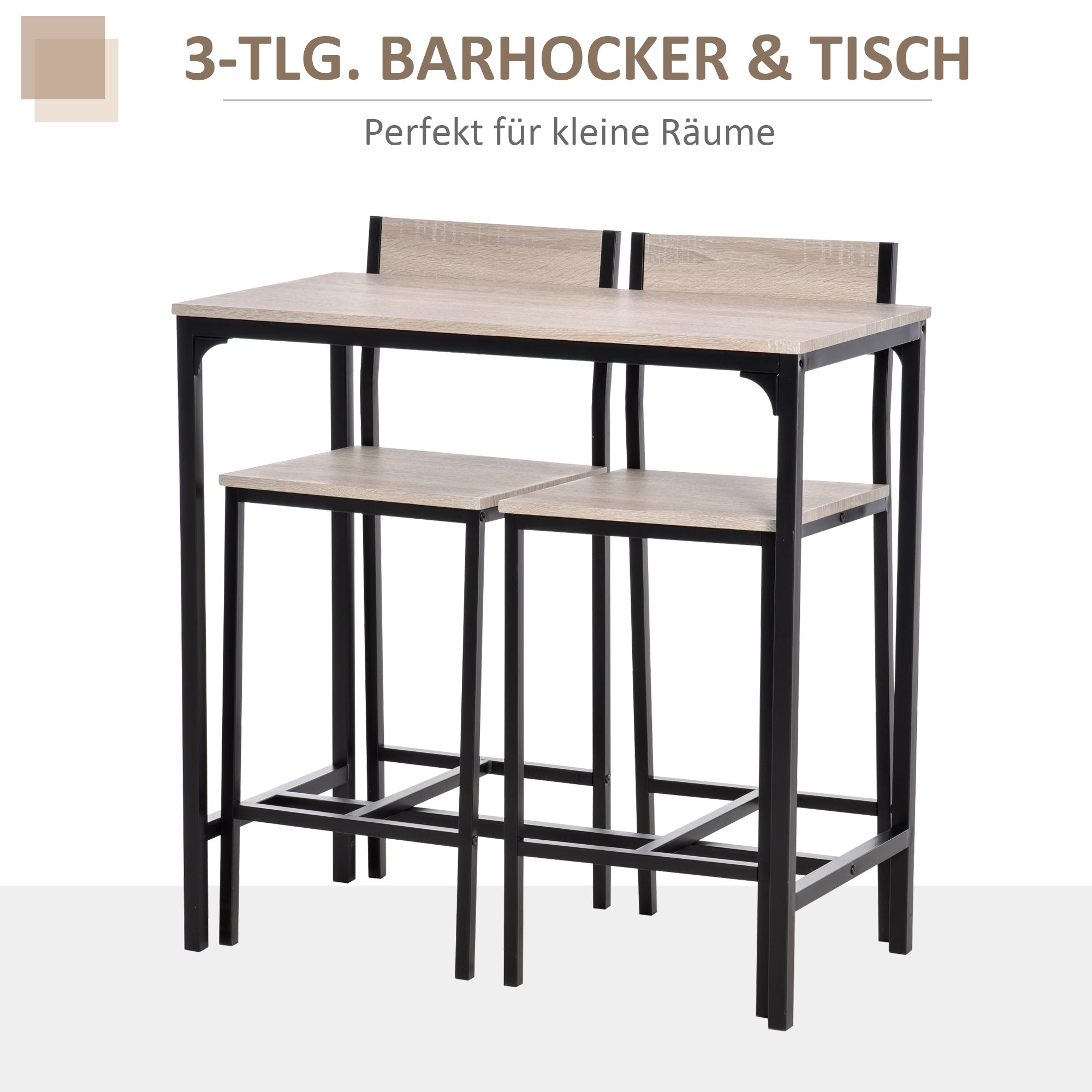 Bar Table Set Bar Table with Bar stool Set Dining Table with 2 Chairs with Backrest Kitchen Table for Dining Room, Kitchen, Natural Wood