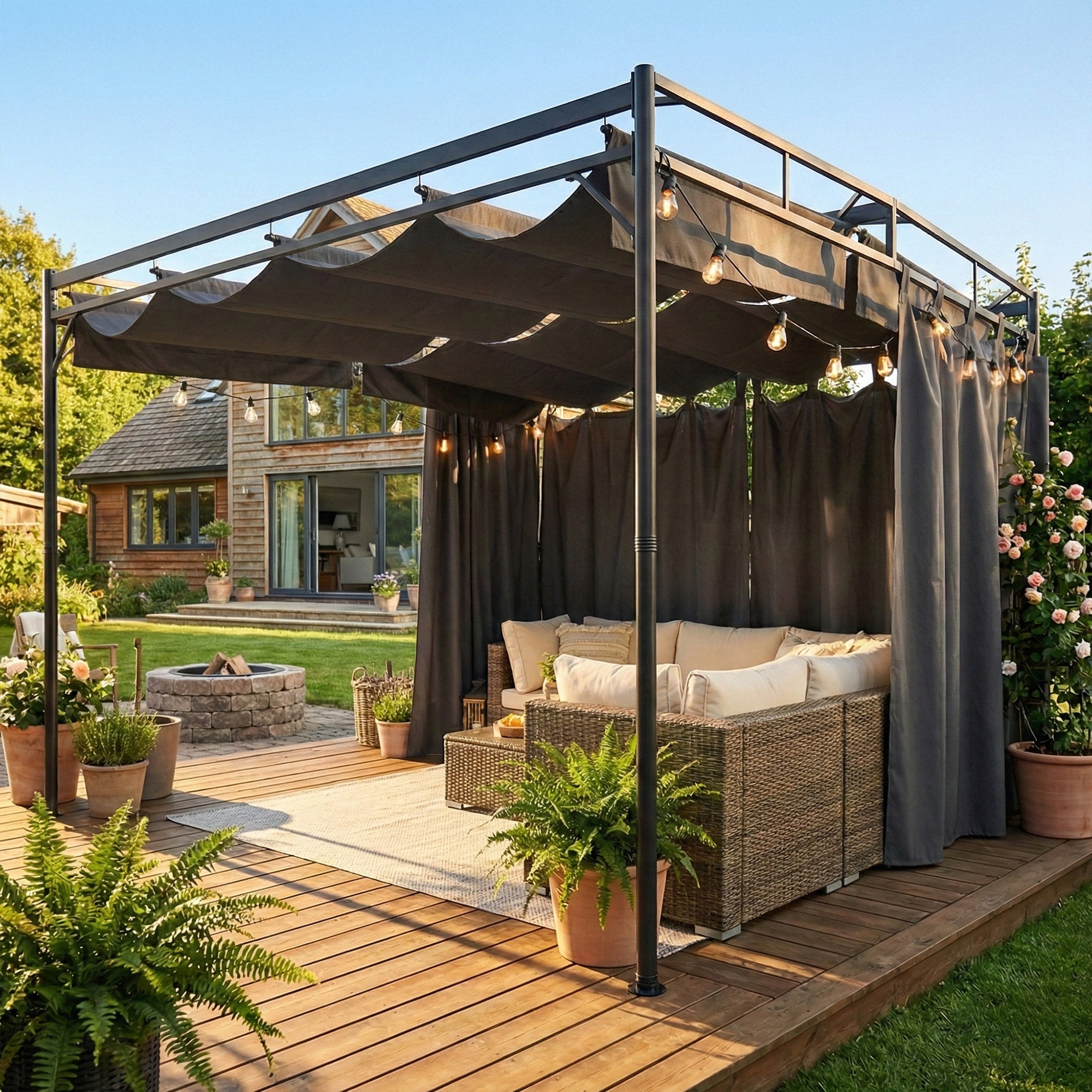 Pergola Gazebo 3 x 3 m (10 x 10 ft) — Water-Resistant Retractable Canopy with Curtains, Freestanding Garden Pavilion, Stable Patio Cover, Dark Gray