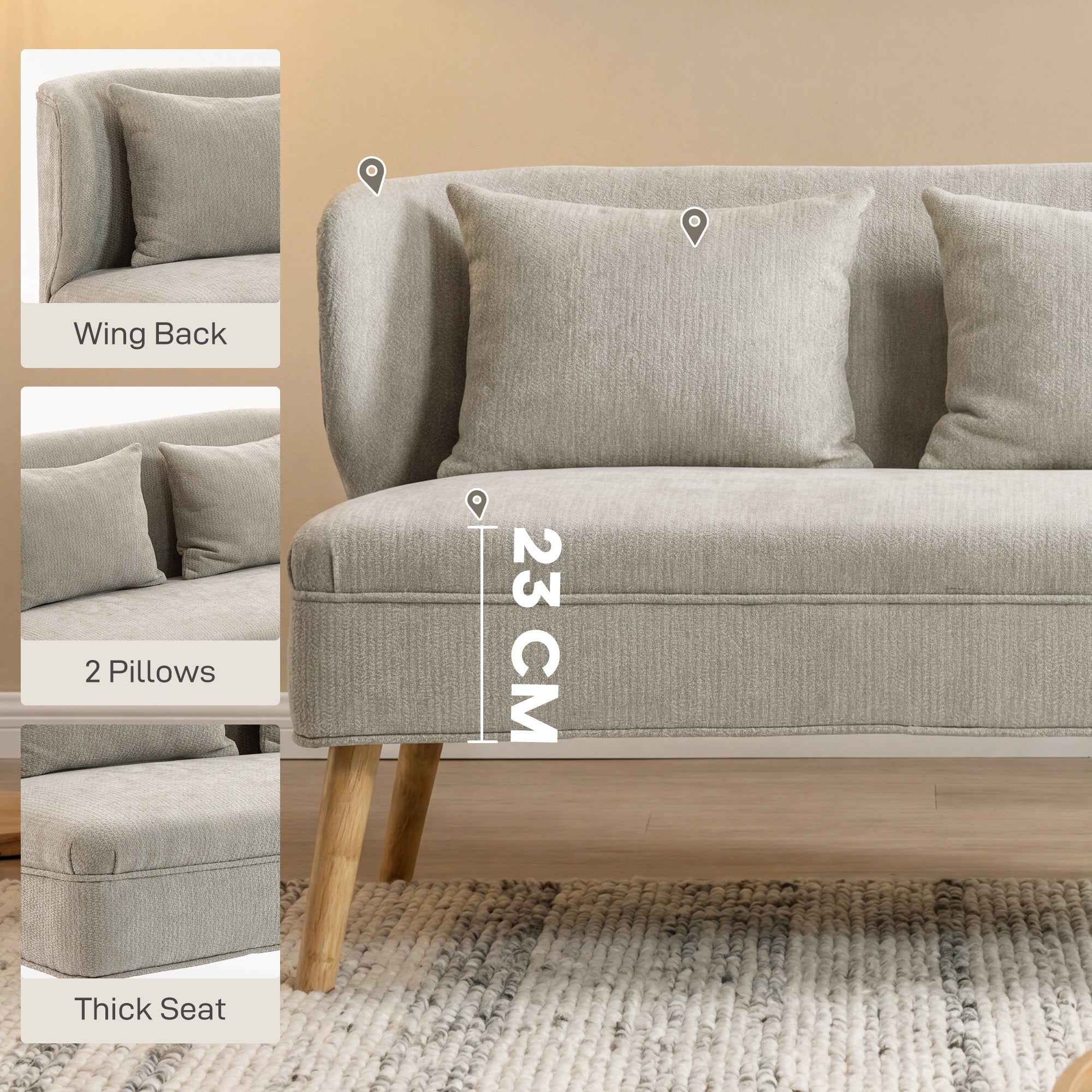 2-Seater Sofa — Compact Wingback Loveseat with Thick Padded Chenille Upholstery & Rubberwood Legs, Beige
