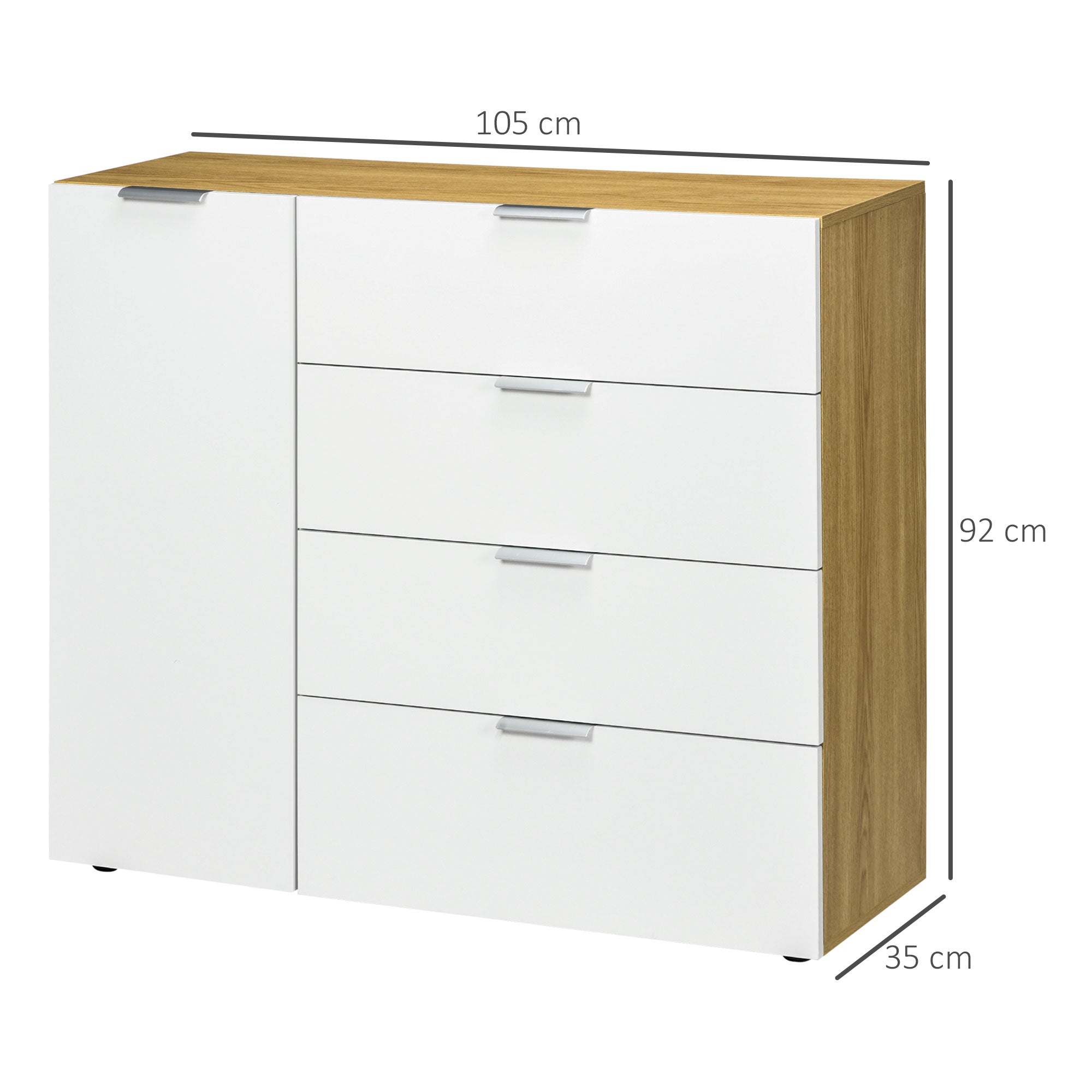 Bedroom Dresser Living Room Sideboard with 4 High Gloss Drawers Door and Adjustable Shelves for Dining Room 105x35x92 cm White and Natural
