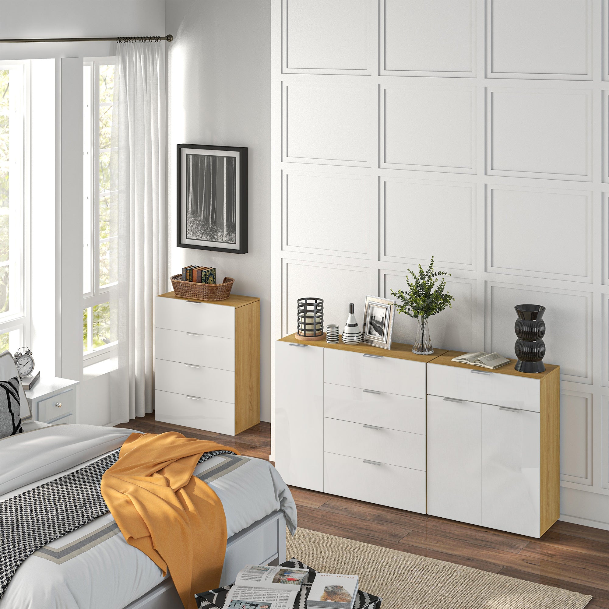 Bedroom Dresser Living Room Sideboard with 4 High Gloss Drawers Door and Adjustable Shelves for Dining Room 105x35x92 cm White and Natural
