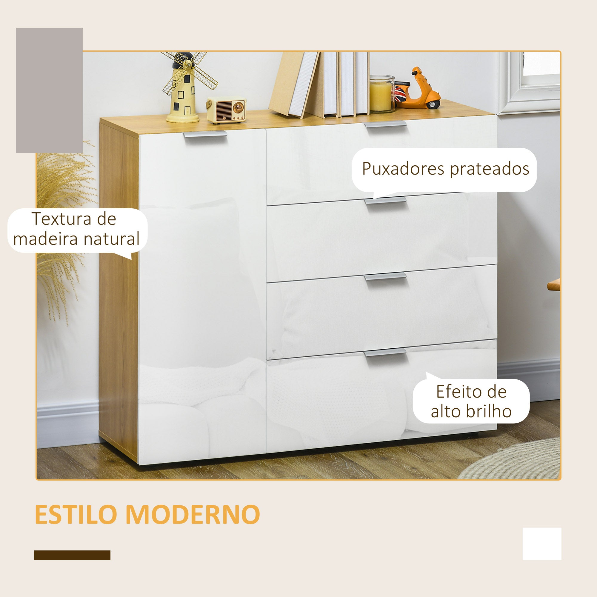 Bedroom Dresser Living Room Sideboard with 4 High Gloss Drawers Door and Adjustable Shelves for Dining Room 105x35x92 cm White and Natural
