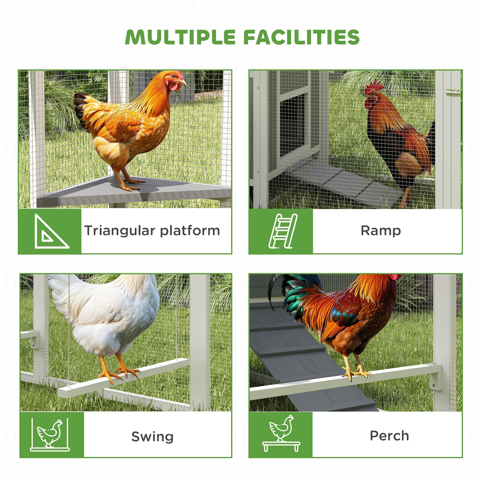 Wooden Chicken Coop with Run, 283 x 133.5 x 112 cm – For 7–10 Hens, 2 Nesting Boxes, Perches & Swing, Gray