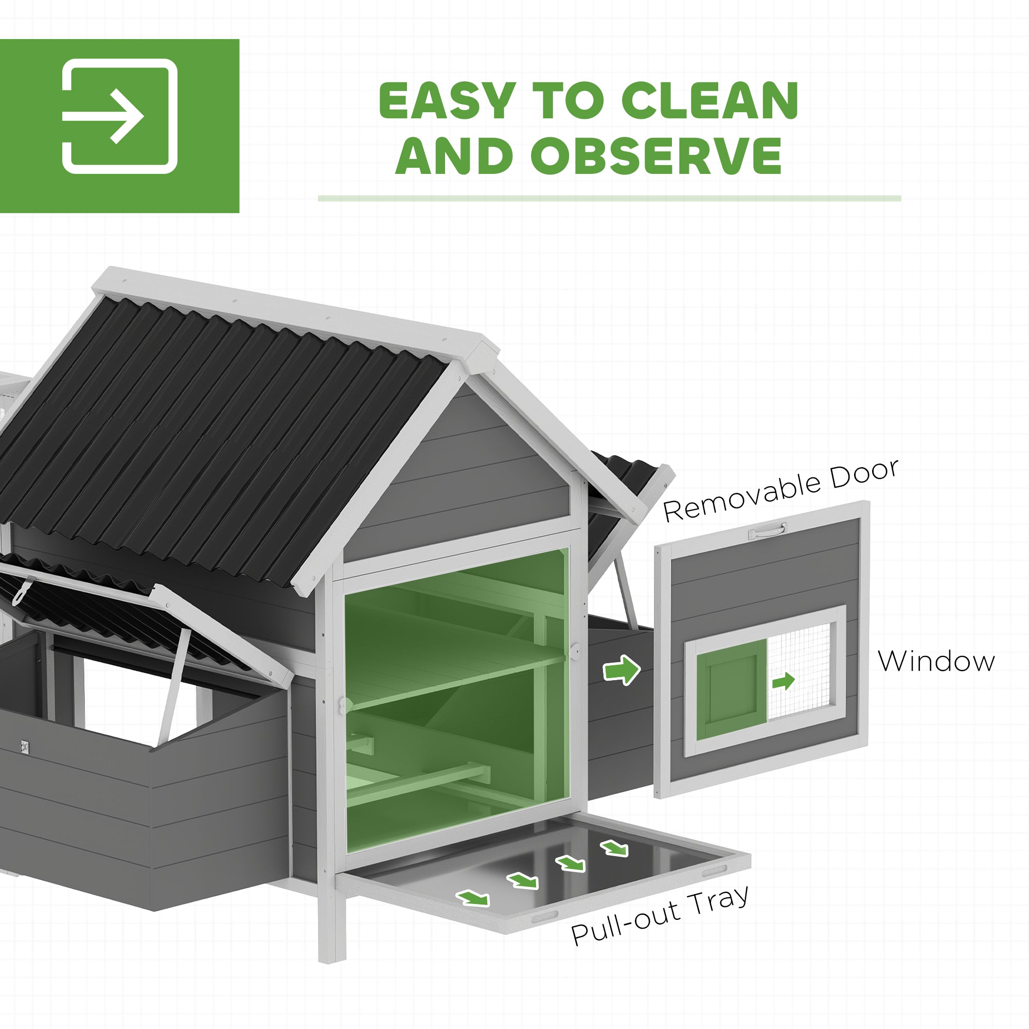 Wooden Chicken Coop with Run, 283 x 133.5 x 112 cm – For 7–10 Hens, 2 Nesting Boxes, Perches & Swing, Gray