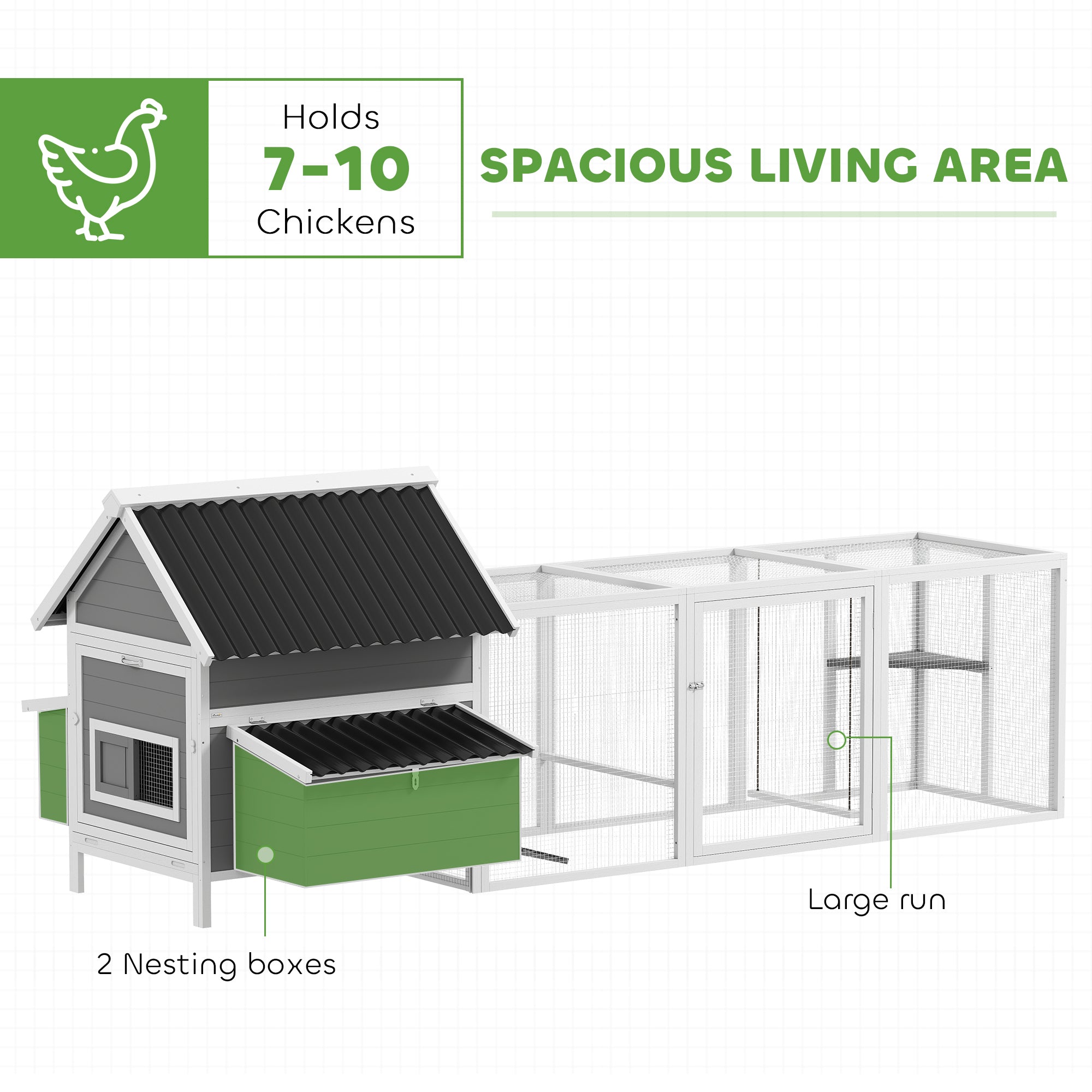 Wooden Chicken Coop with Run, 283 x 133.5 x 112 cm – For 7–10 Hens, 2 Nesting Boxes, Perches & Swing, Gray