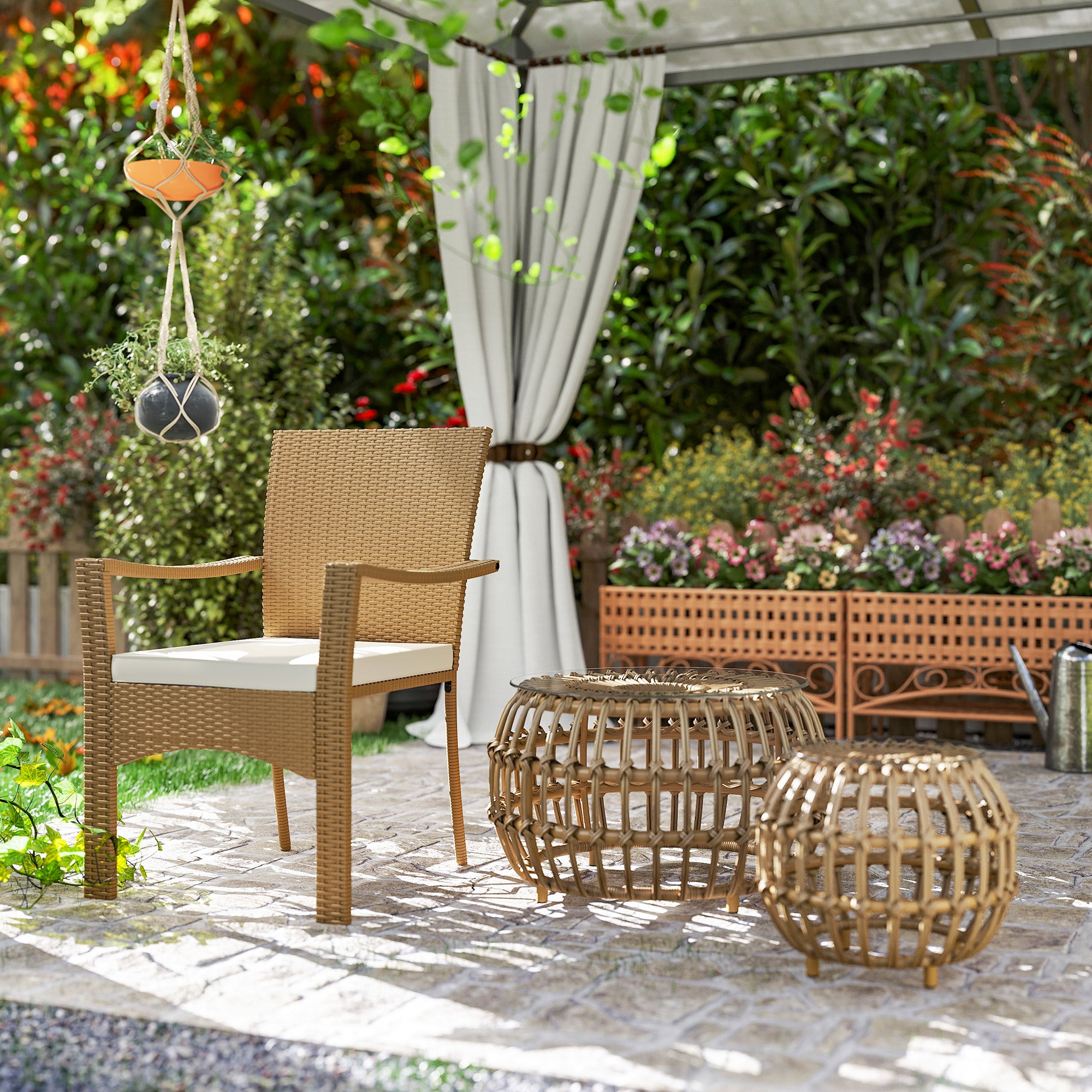 2-Piece Side Table Poly Rattan Ø66/42 cm Round Weatherproof Patio Table with Glass Top Outdoor Balcony Table Coffee Table Garden Furniture for Garden, Balcony Brown