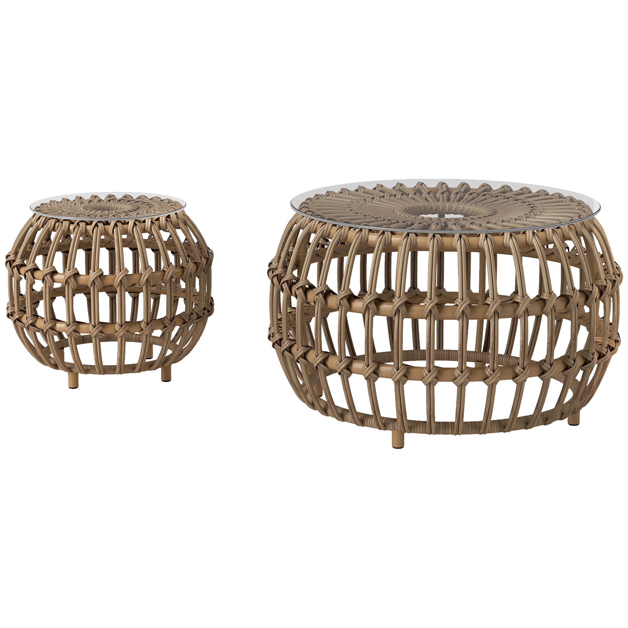 2-Piece Side Table Poly Rattan Ø66/42 cm Round Weatherproof Patio Table with Glass Top Outdoor Balcony Table Coffee Table Garden Furniture for Garden, Balcony Brown