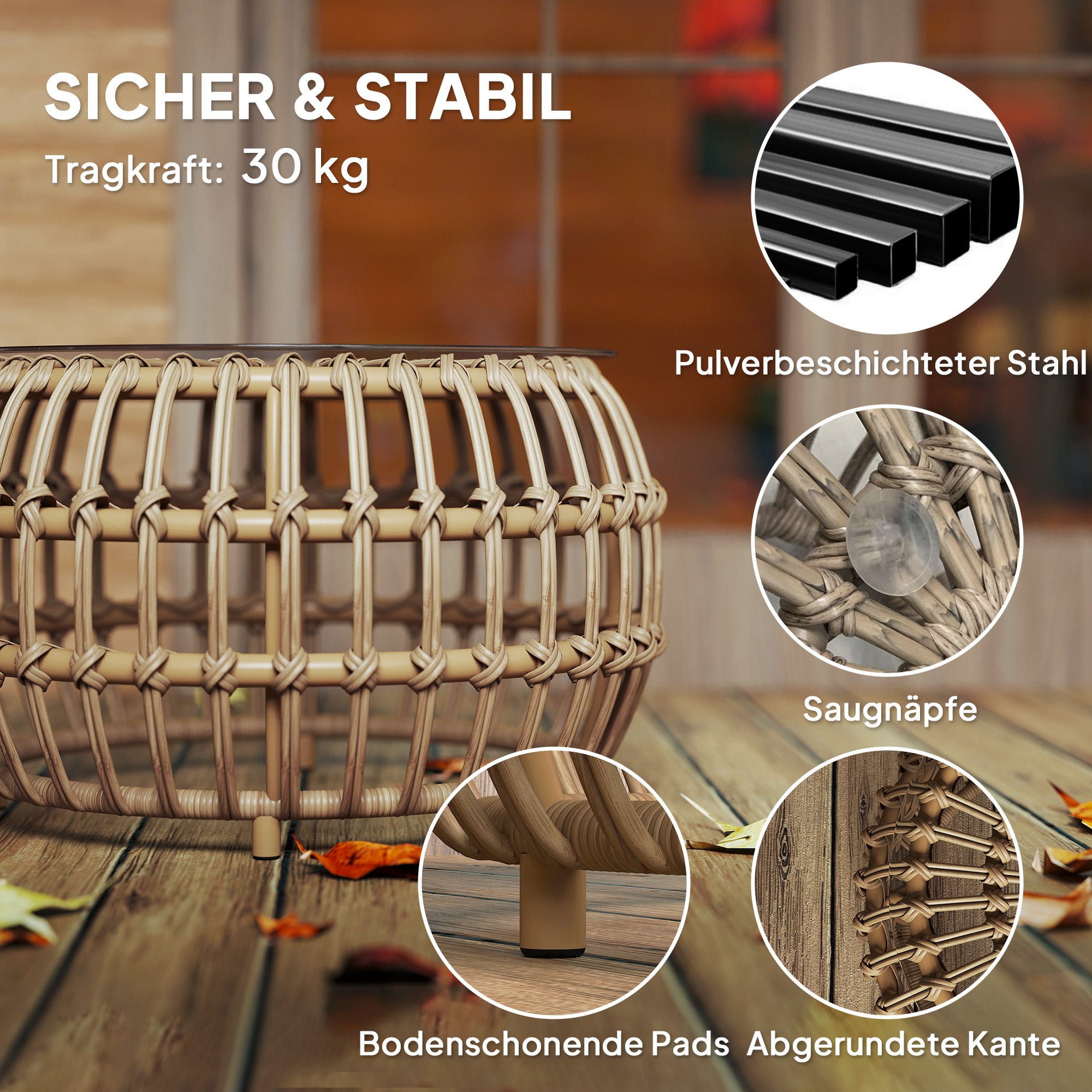 2-Piece Side Table Poly Rattan Ø66/42 cm Round Weatherproof Patio Table with Glass Top Outdoor Balcony Table Coffee Table Garden Furniture for Garden, Balcony Brown