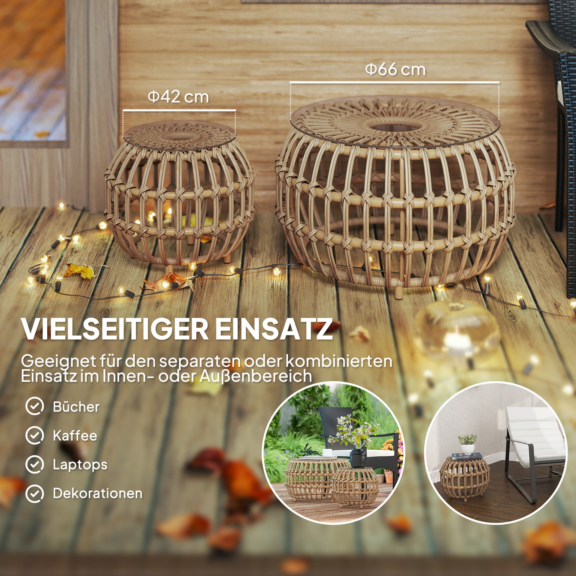 2-Piece Side Table Poly Rattan Ø66/42 cm Round Weatherproof Patio Table with Glass Top Outdoor Balcony Table Coffee Table Garden Furniture for Garden, Balcony Brown
