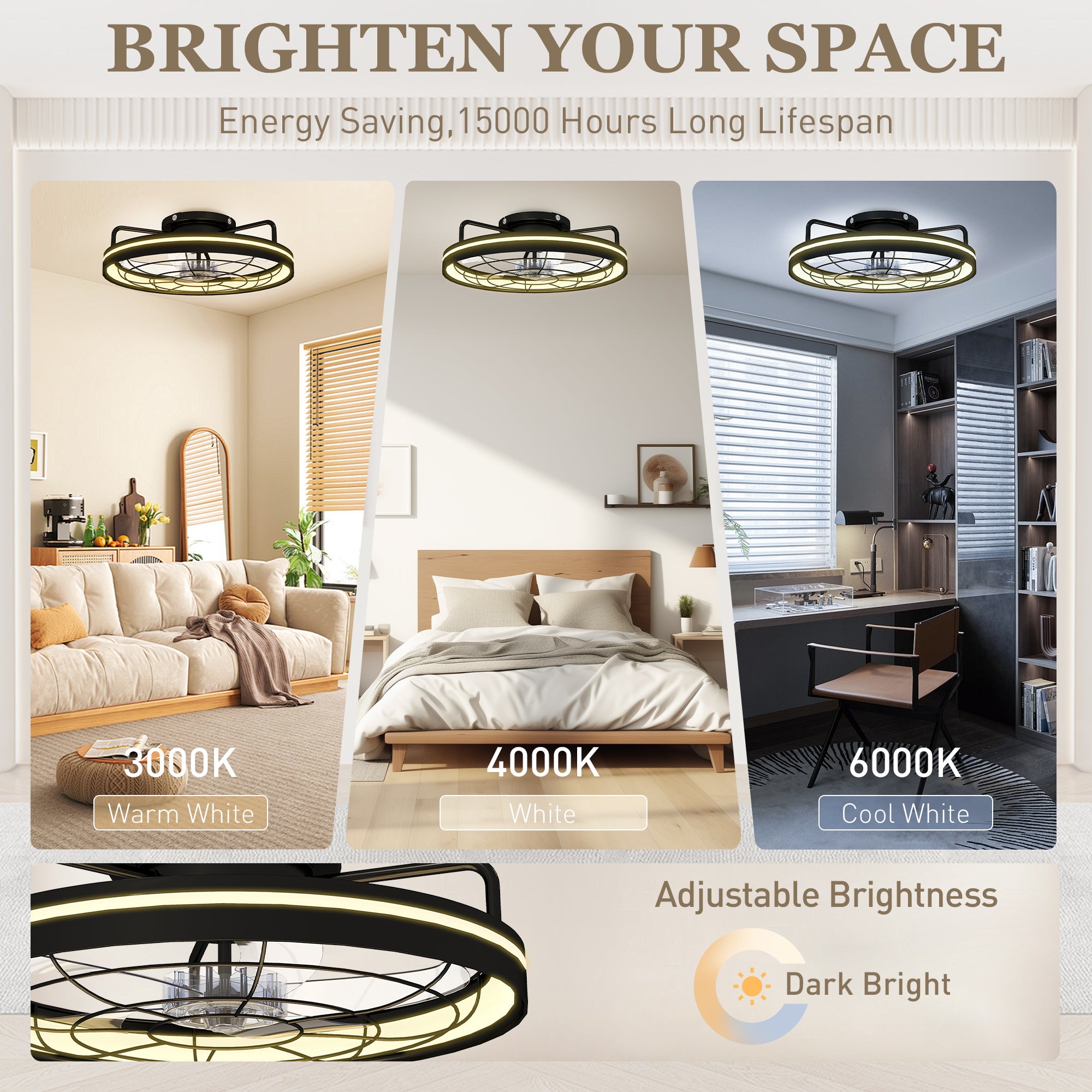 Ceiling Fan with Light, Remote Control, 19 in (48 cm), 40W LED Ceiling Light & Fan, 3 Color Temperatures, Timer, 6 Speeds, Dimmable, Quiet DC Motor, Black Shade