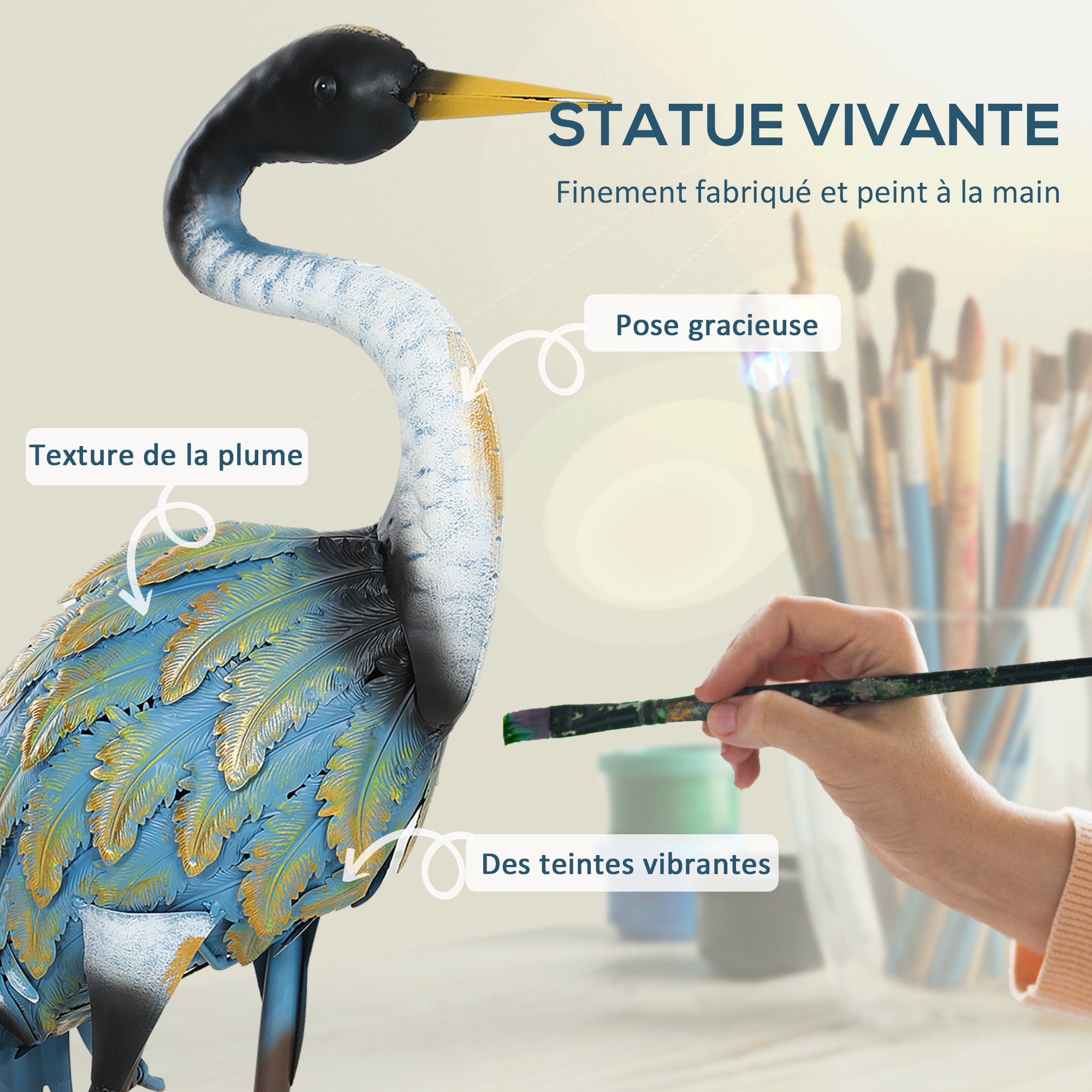 Garden Figurine, Heron Sculpture Made of Metal, Outdoor Garden Decoration 63 cm, for Pond, Patio, Terrace, Lawn, multicolor