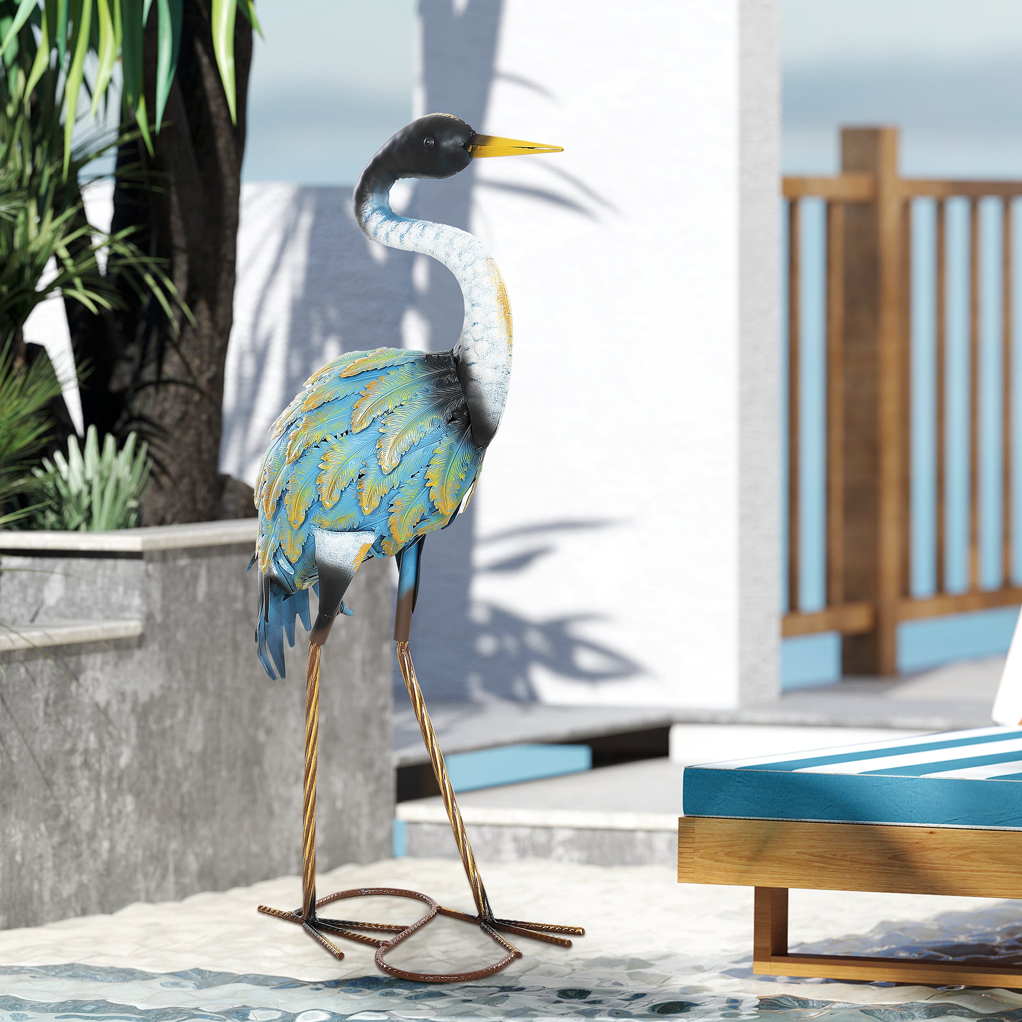 Garden Figurine, Heron Sculpture Made of Metal, Outdoor Garden Decoration 63 cm, for Pond, Patio, Terrace, Lawn, multicolor