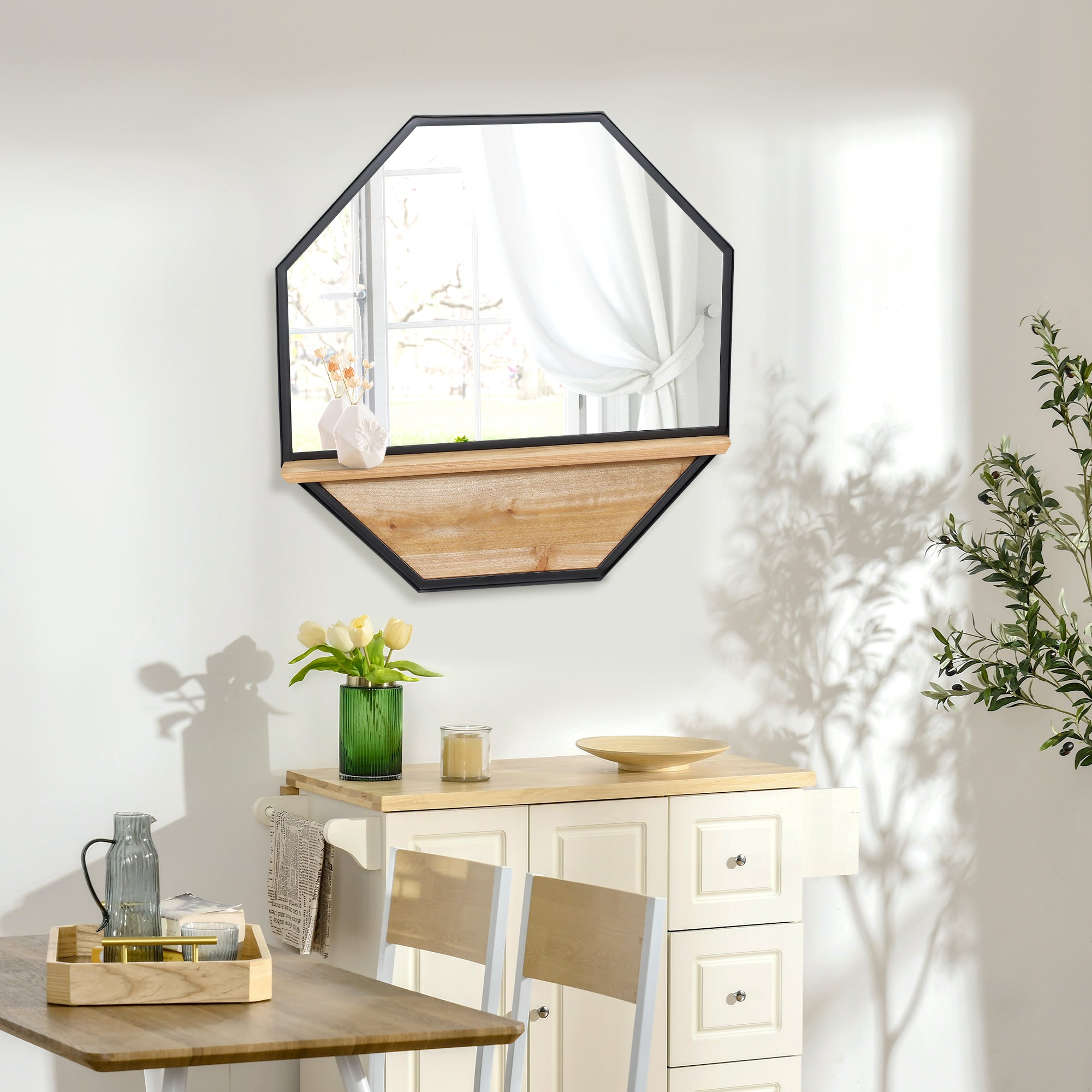 Decorative Wall Mirror 61x61 cm Octagonal Mirror with Storage Shelf for Living Room Bedroom Entryway Black