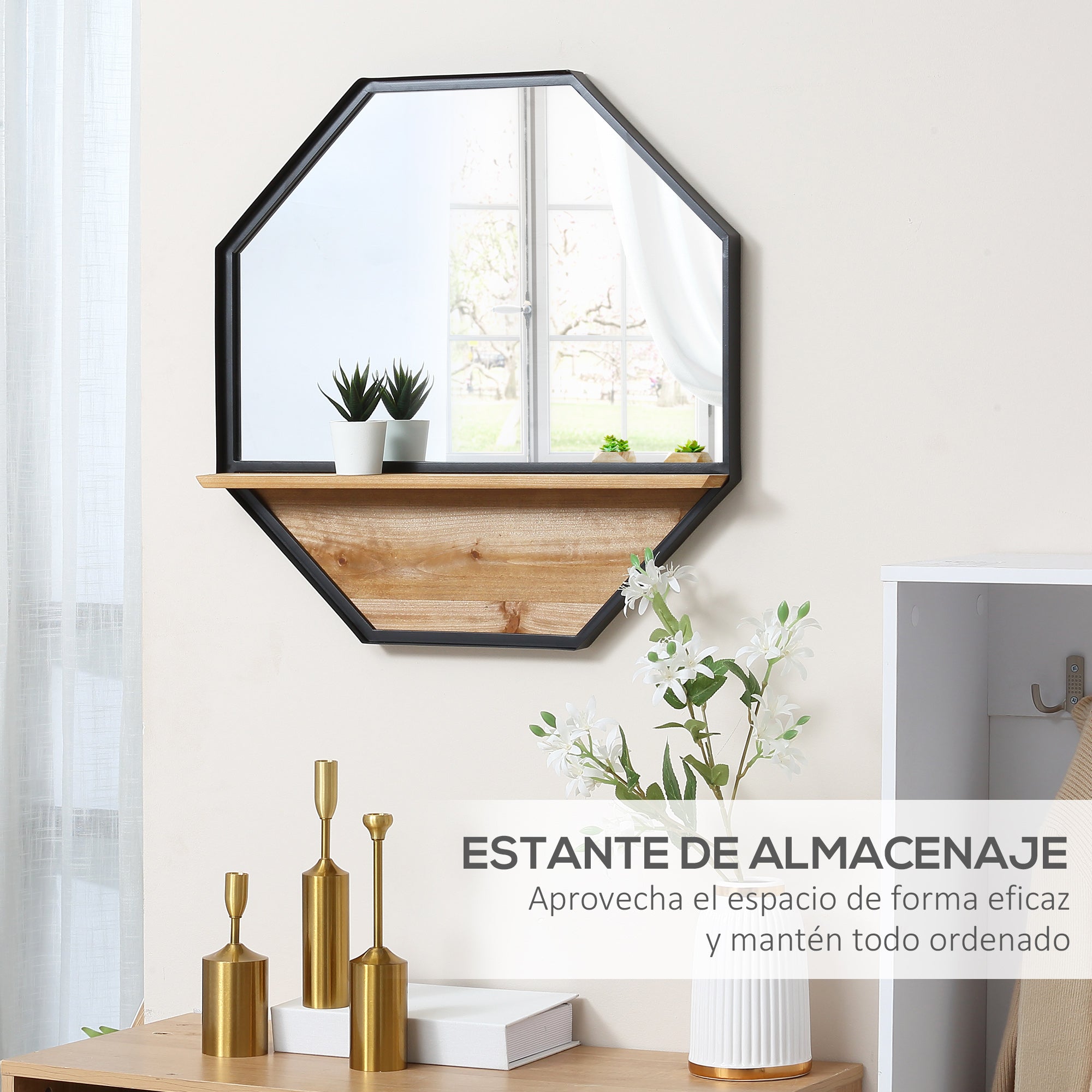 Decorative Wall Mirror 61x61 cm Octagonal Mirror with Storage Shelf for Living Room Bedroom Entryway Black