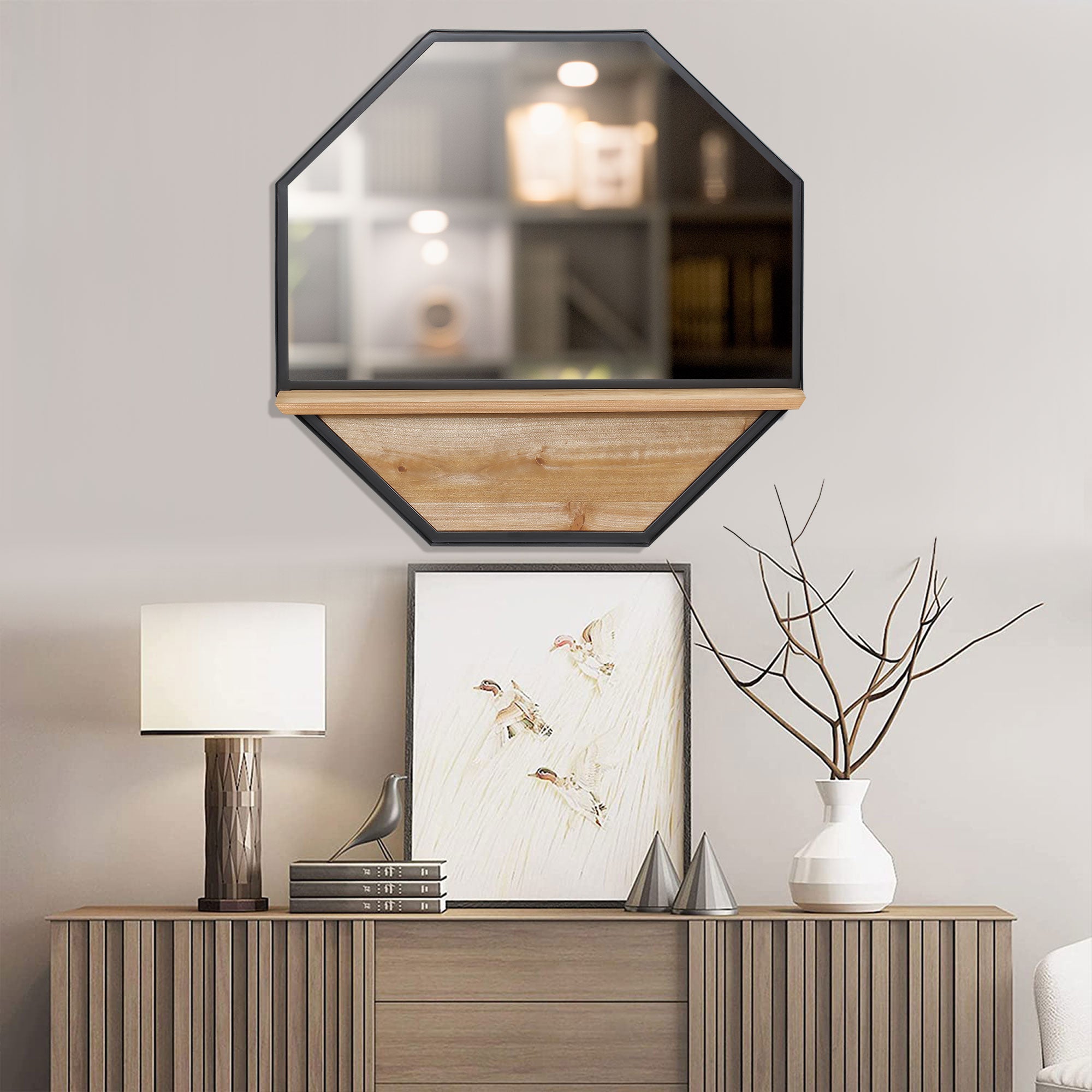 Decorative Wall Mirror 61x61 cm Octagonal Mirror with Storage Shelf for Living Room Bedroom Entryway Black
