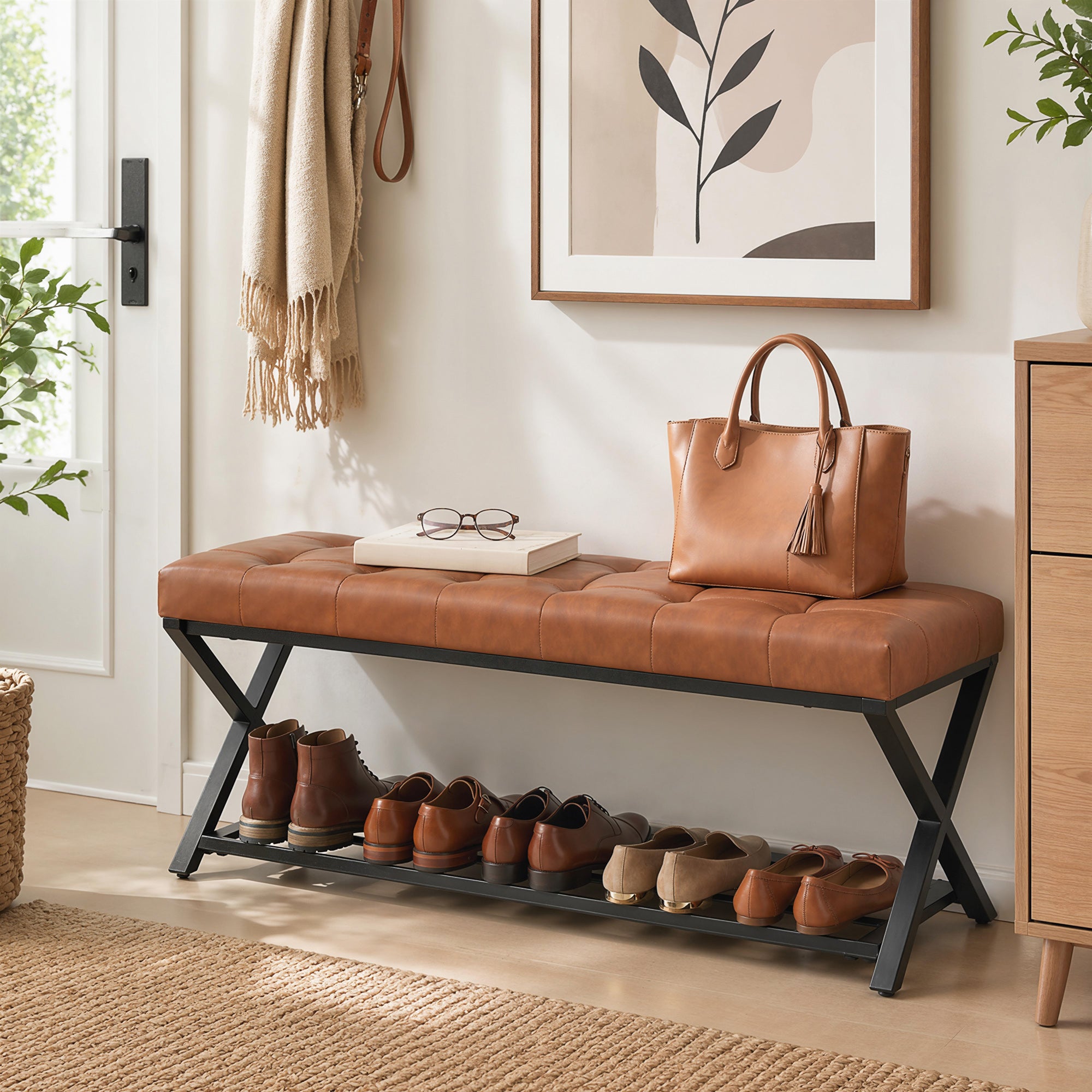 Shoe Bench with Padded Seat, Storage Shoe Rack, Industrial X-Frame Steel Bench, PU Leather, Up to 485 lb, 44.1 x 14.6 x 18.5 in (112 x 37 x 47 cm), Brown