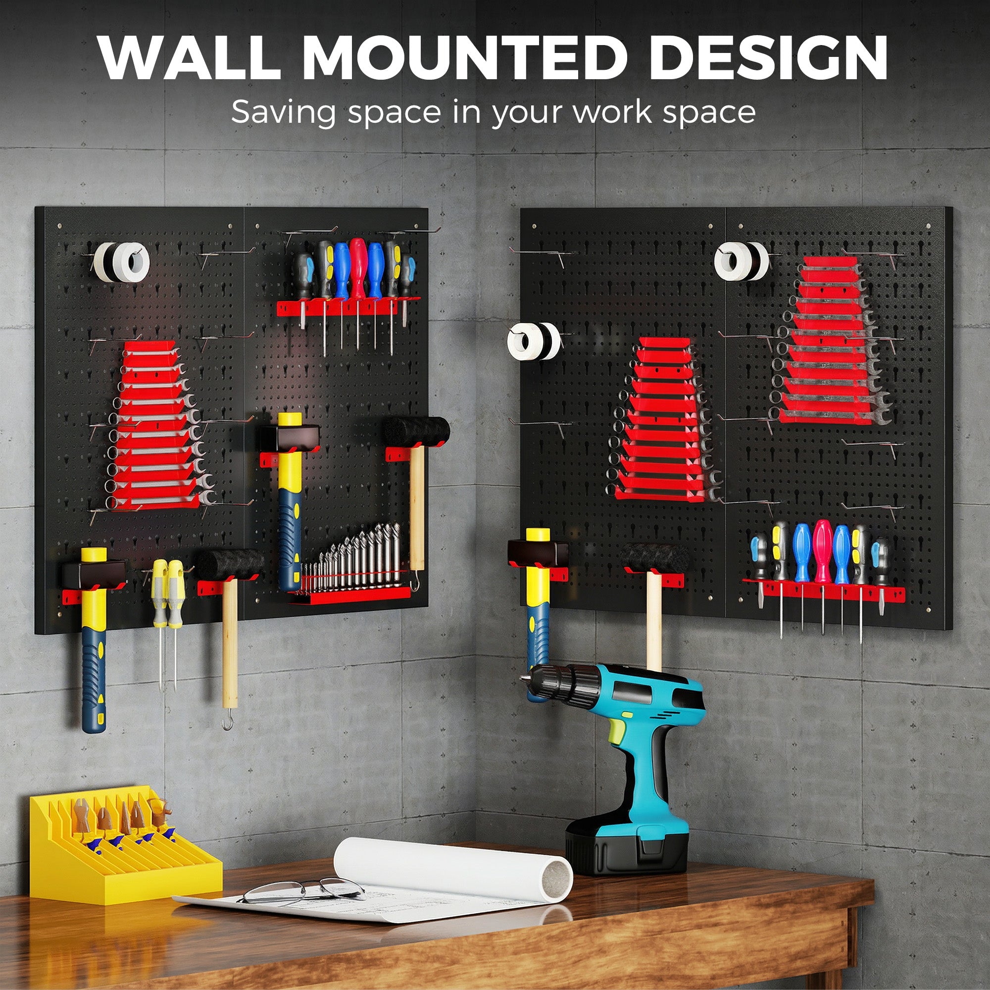 Wall-Mounted Pegboard Storage System, 4 x 23.6 x 15.7 in Panels, 38-Piece Garage Tool Organizer, Black/Red
