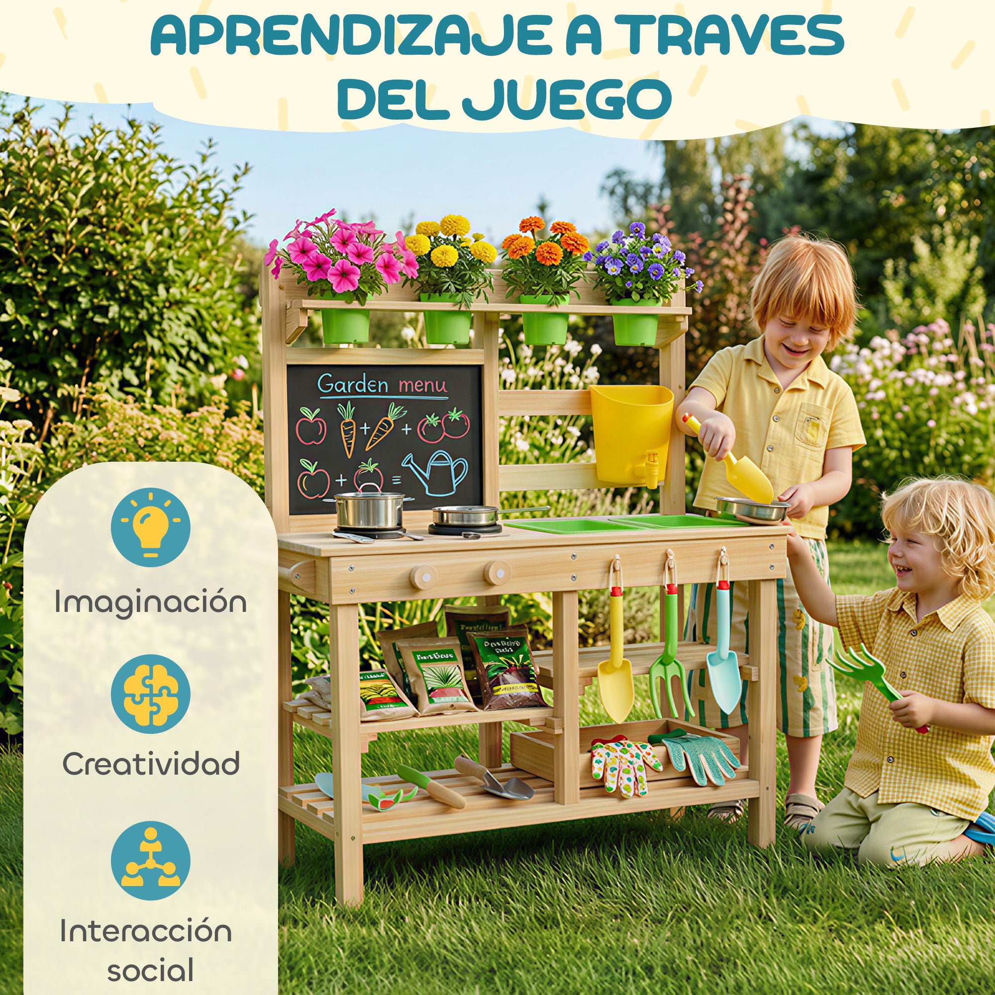 Outdoor Toy Kitchen — Wooden Play Kitchen with Planters, Sink, Faucet, Stainless-Steel Utensils, Chalkboard, Shelves & Hooks — Ages 3–6, Natural