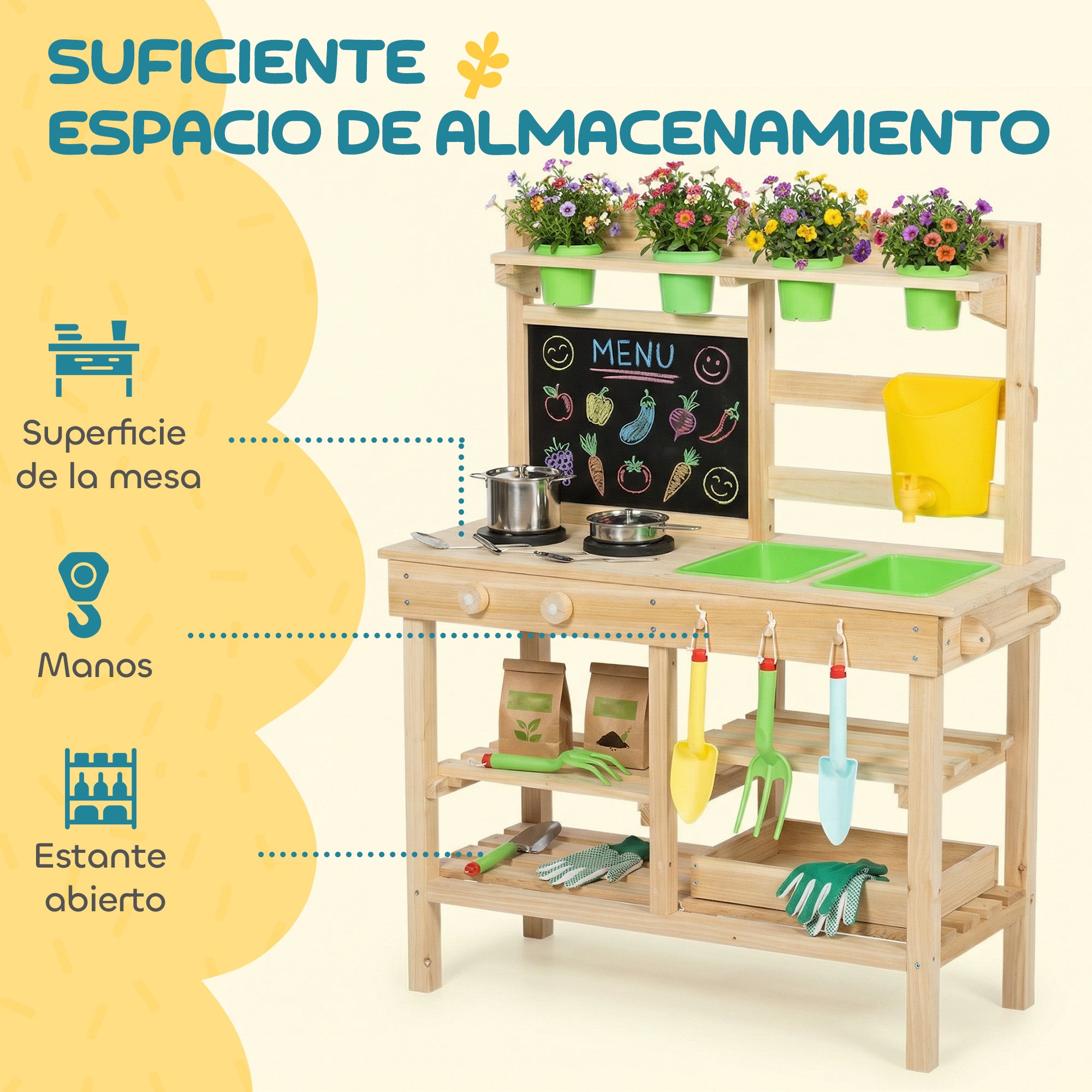 Outdoor Toy Kitchen — Wooden Play Kitchen with Planters, Sink, Faucet, Stainless-Steel Utensils, Chalkboard, Shelves & Hooks — Ages 3–6, Natural