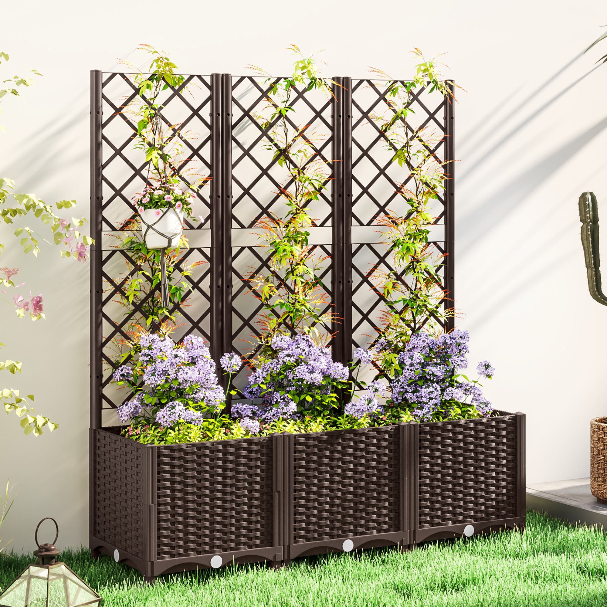 PP Garden Planter with Trellis Large Outdoor Planter with Drainage Holes Water Reservoirs for Climbing Plants Planter with Support for Garden Patio Terrace 120x40x135 cm Brown