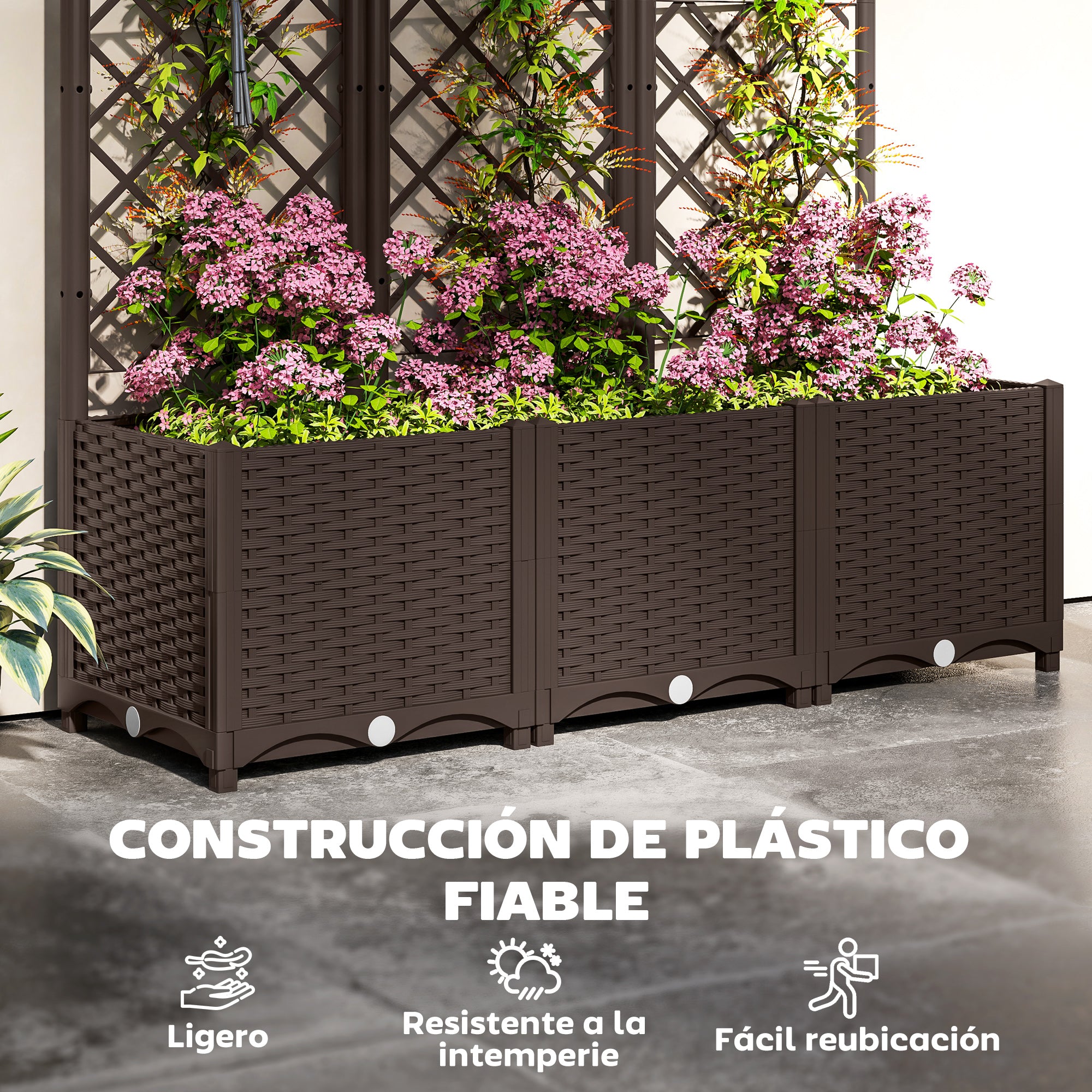 PP Garden Planter with Trellis Large Outdoor Planter with Drainage Holes Water Reservoirs for Climbing Plants Planter with Support for Garden Patio Terrace 120x40x135 cm Brown