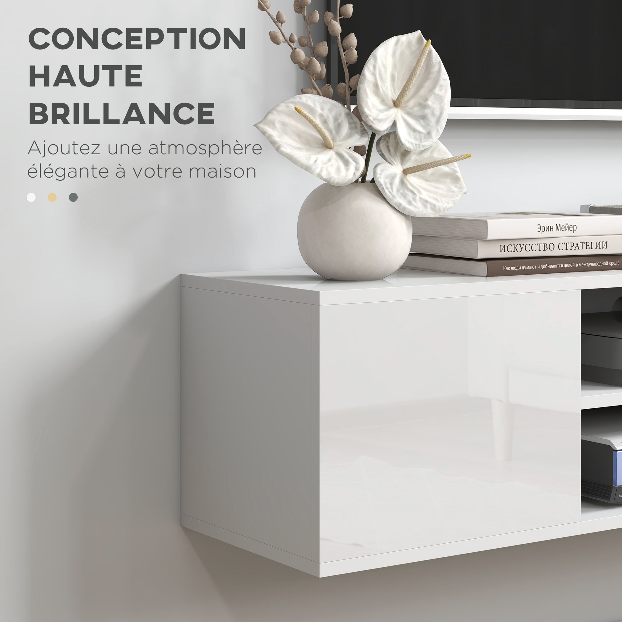 Wall-mounted TV bench in contemporary style - 2 cupboards 2 central niches and 2 cable management holes 140 x 30 x 30 cm white