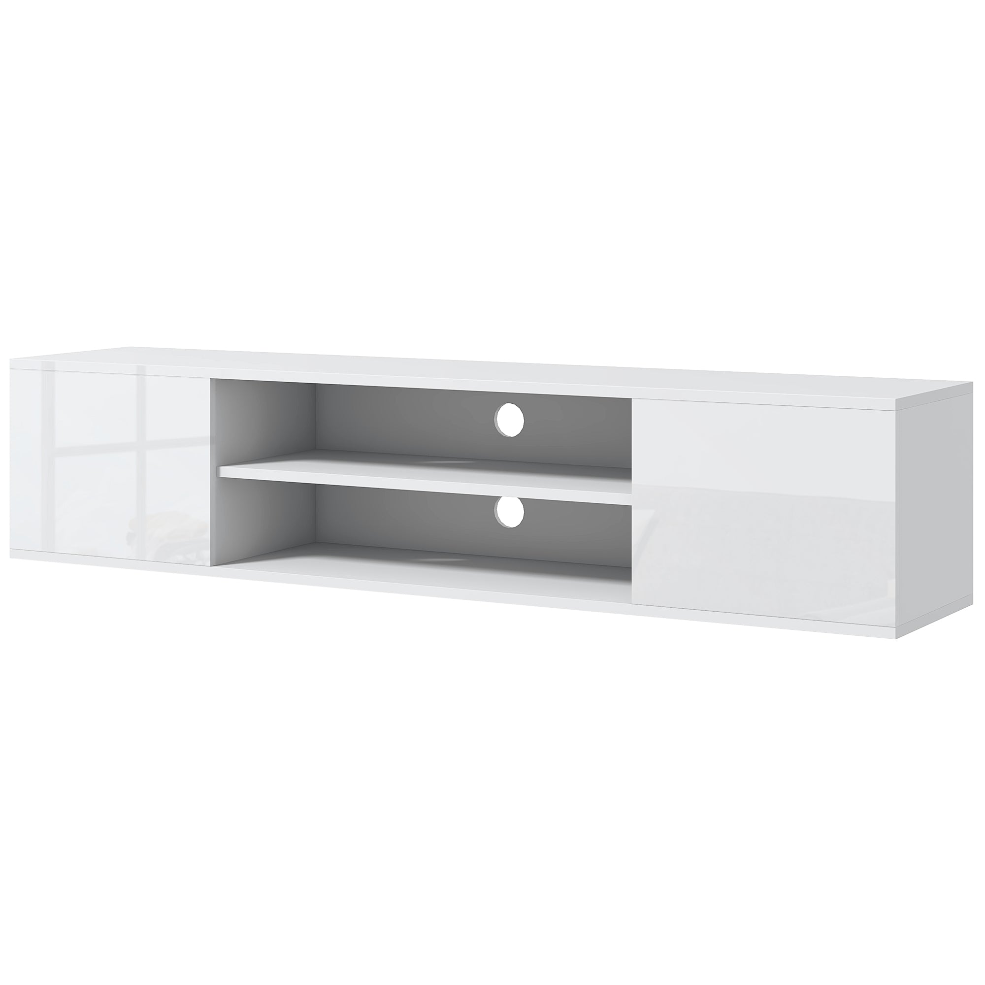 Wall-mounted TV bench in contemporary style - 2 cupboards 2 central niches and 2 cable management holes 140 x 30 x 30 cm white