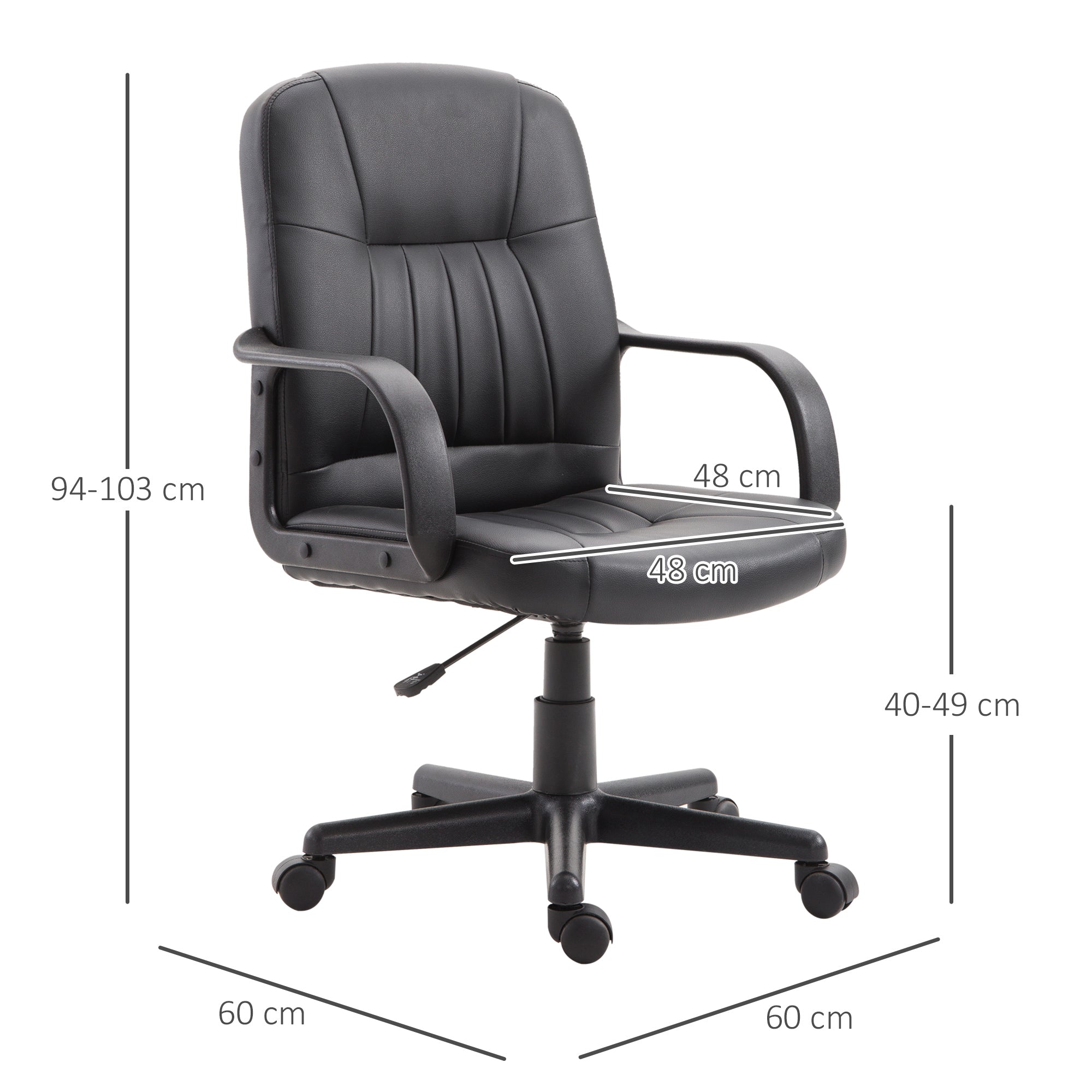 Ergonomic and Swivel Office Chair, Office Armchair with Adjustable Height in Faux Leather 60x60x94-103cm Black
