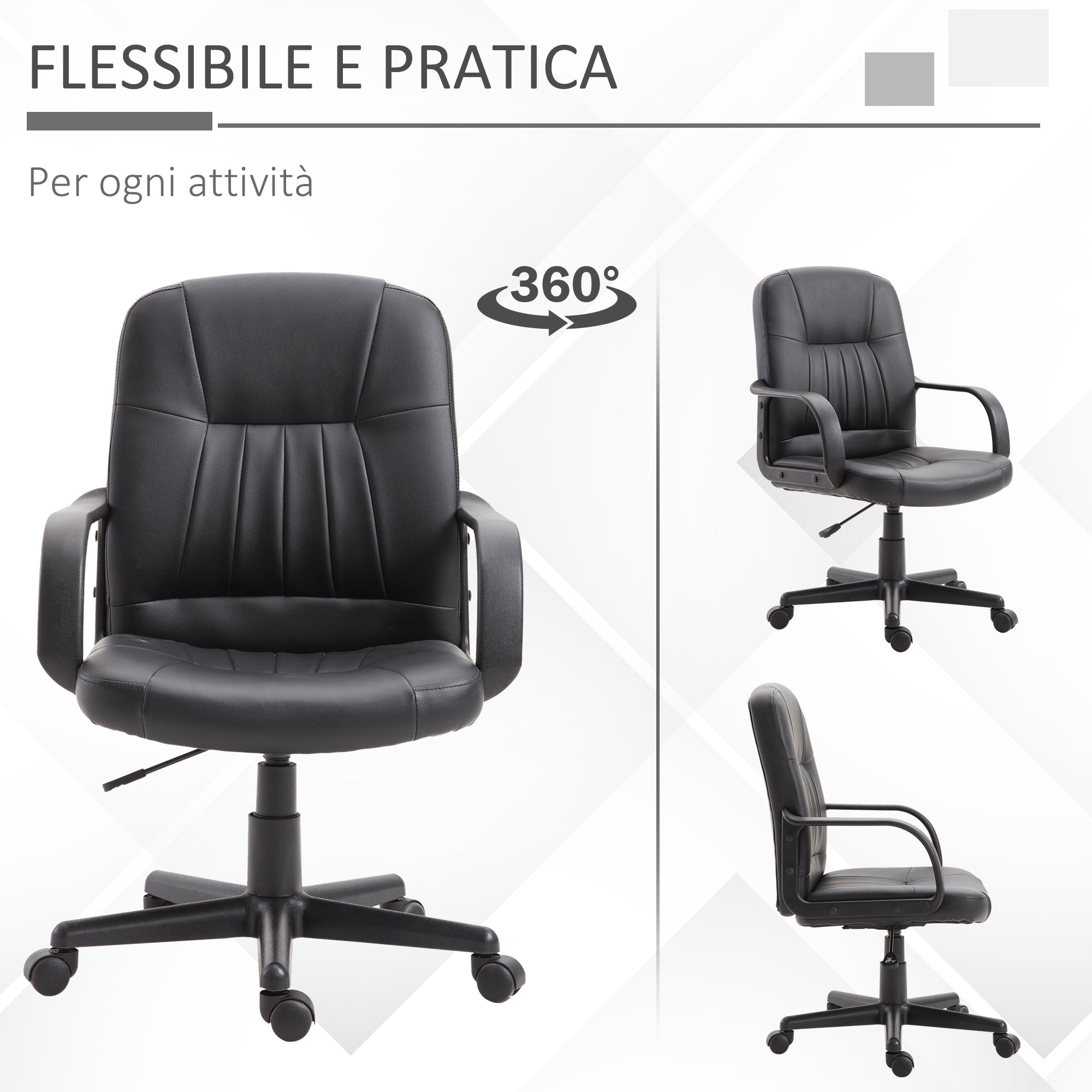 Ergonomic and Swivel Office Chair, Office Armchair with Adjustable Height in Faux Leather 60x60x94-103cm Black