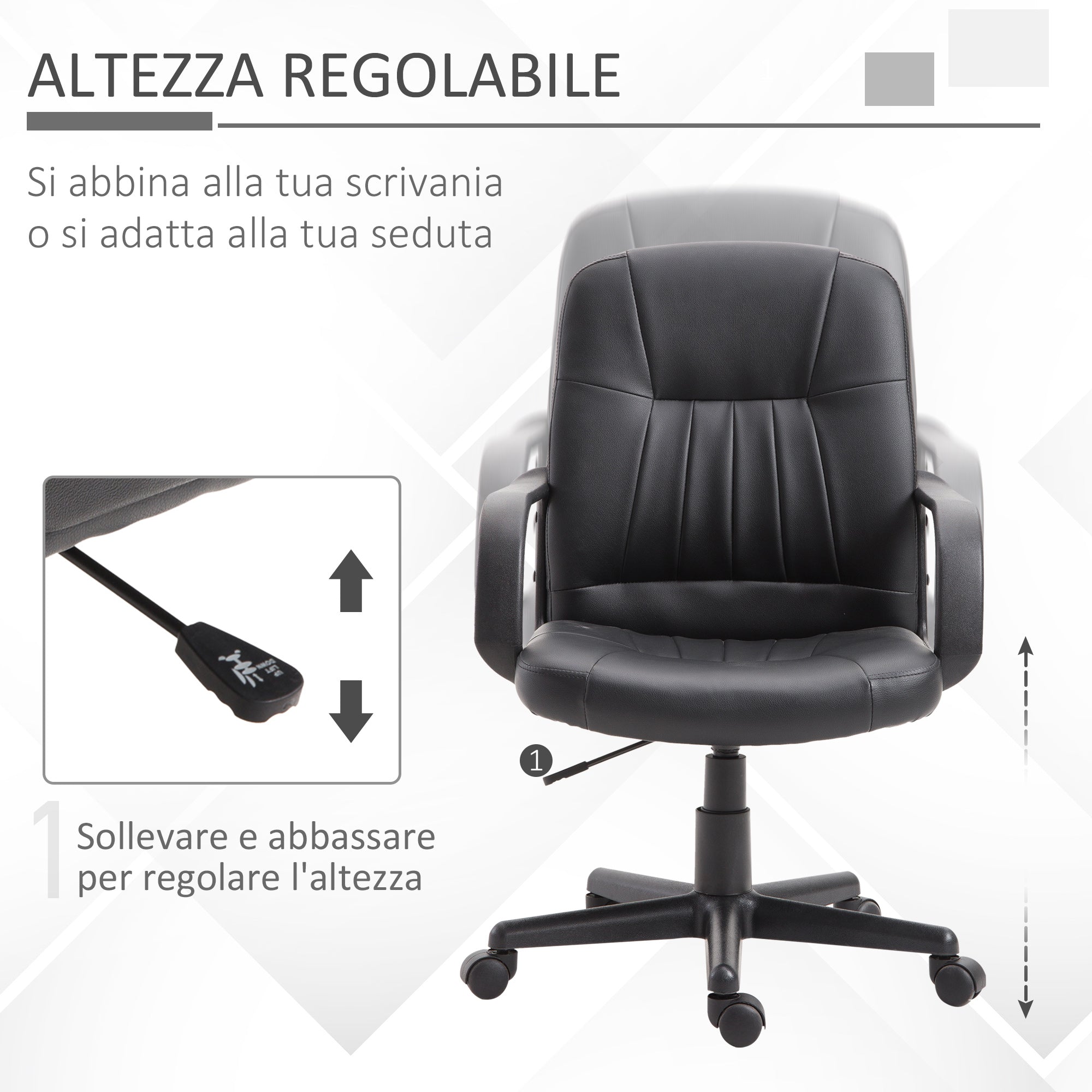 Ergonomic and Swivel Office Chair, Office Armchair with Adjustable Height in Faux Leather 60x60x94-103cm Black