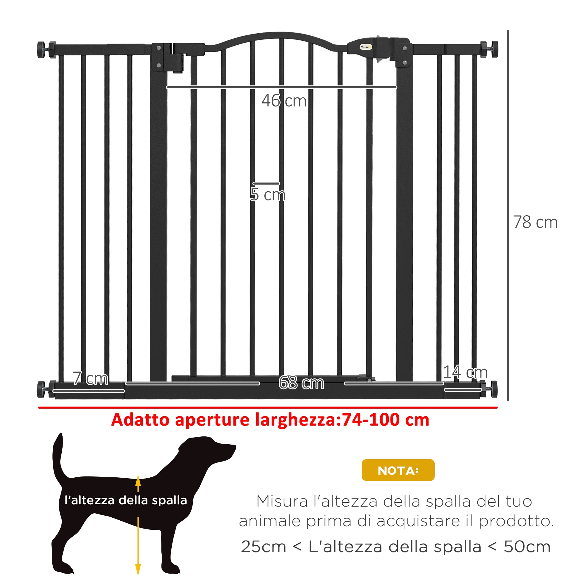 78 cm Indoor Dog Gate, Safety Dog Gate, Extendable Dog Barrier Gate 74-100 cm with Double Lock and Auto Close for Stairs and Door, Black