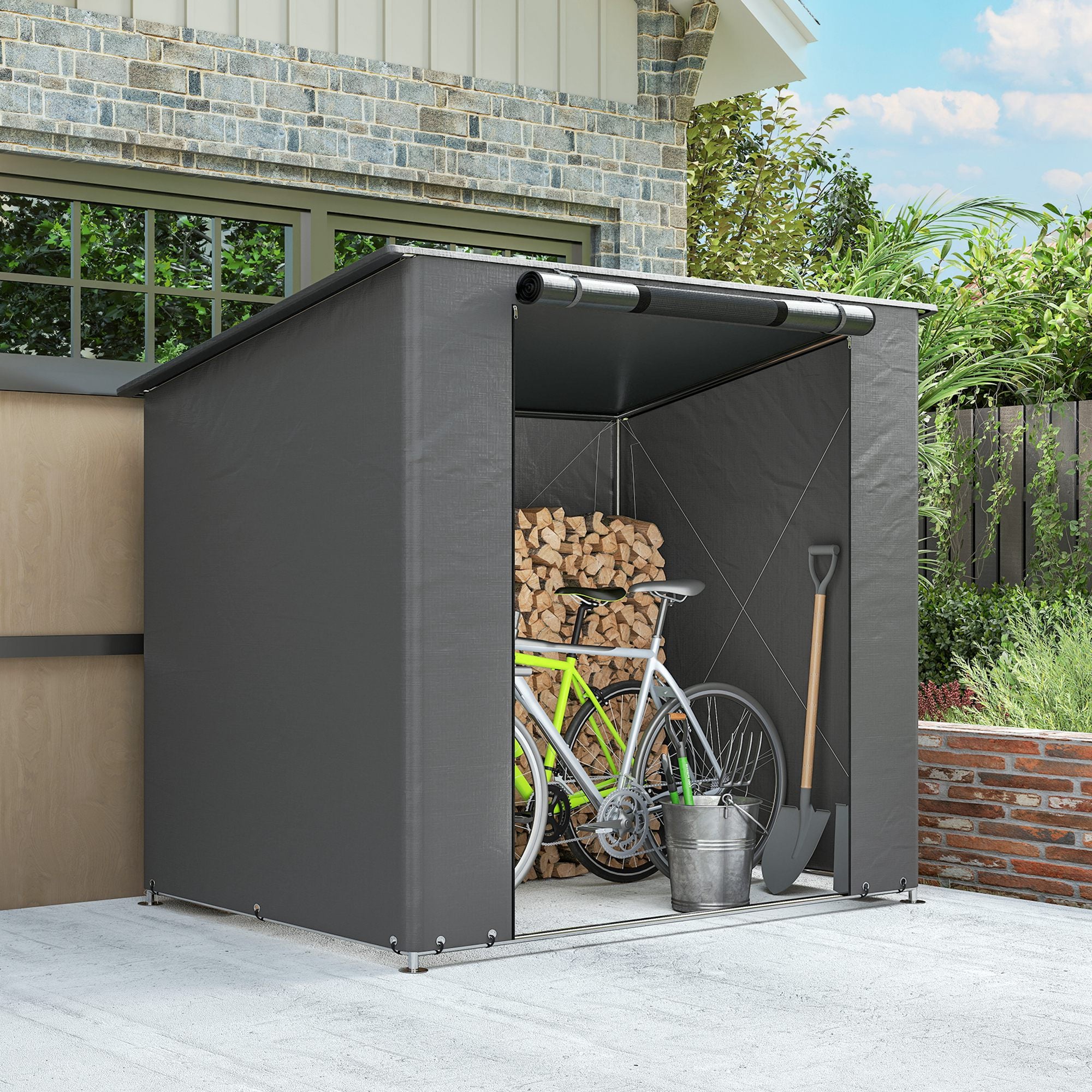 Waterproof Garden Storage Shelter 1.87 x 1.20 m (6.1 x 3.9 ft) – Sloped Roof, Roll-Up Zip Door, Vent, Reinforced Metal Frame, UV Resistant – Dark Gray