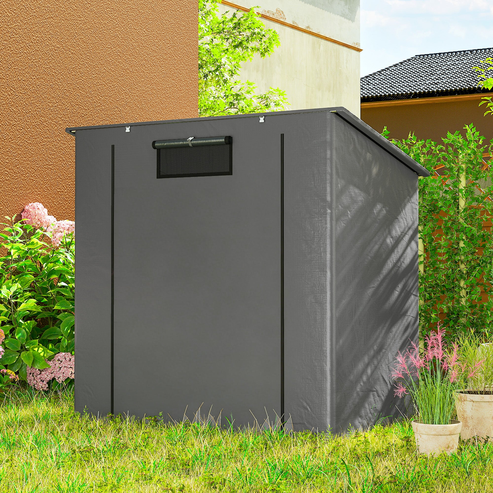 Waterproof Garden Storage Shelter 1.87 x 1.20 m (6.1 x 3.9 ft) – Sloped Roof, Roll-Up Zip Door, Vent, Reinforced Metal Frame, UV Resistant – Dark Gray