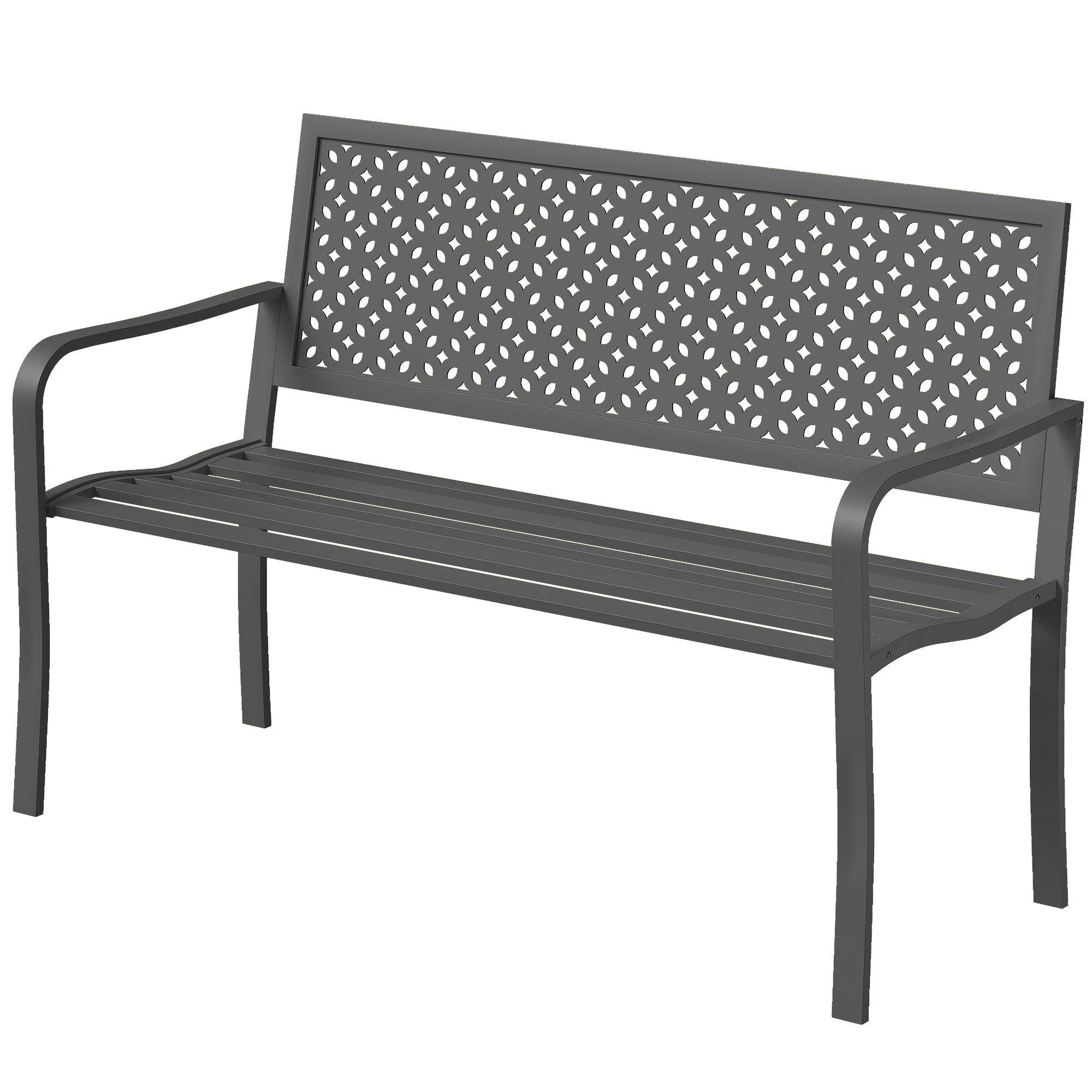 2-Seater Metal Garden Bench — Weatherproof Outdoor Bench with Rust-Resistant Louvered Steel Backrest, Geometric Design, Fits up to 529 lb, 50" x 24" x 33.5", Dark Gray