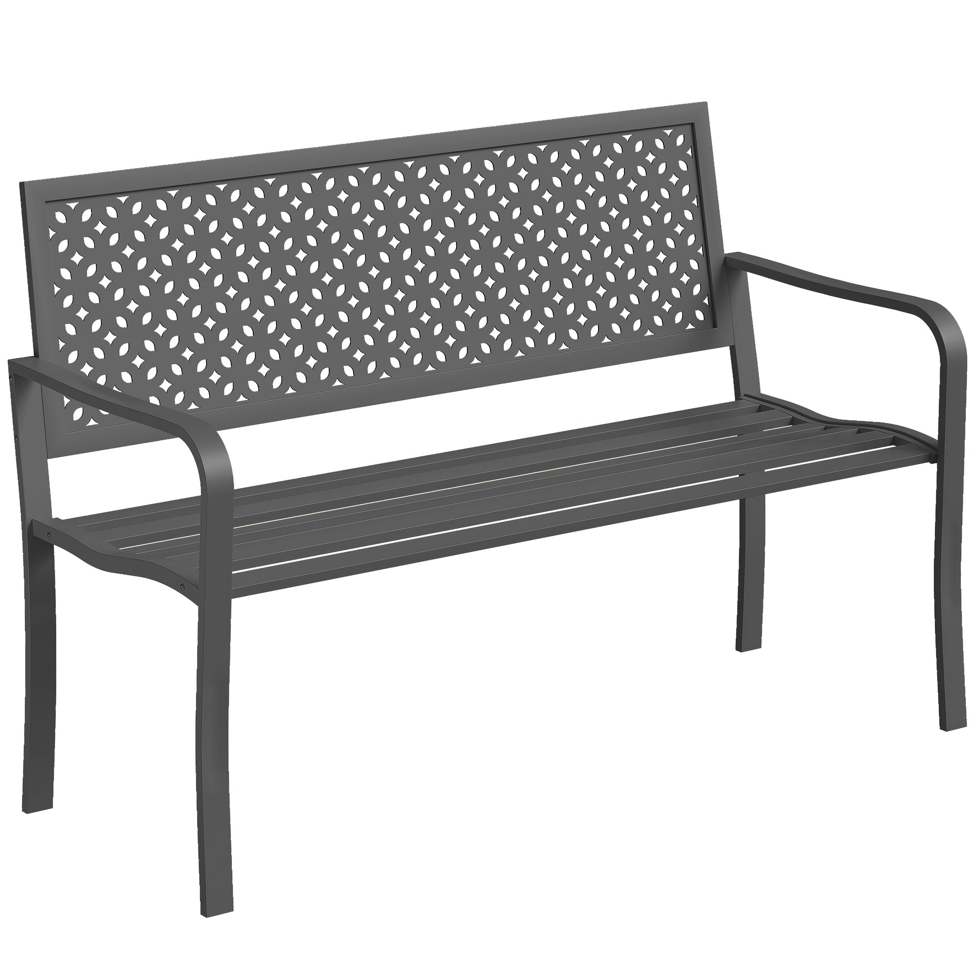 2-Seater Metal Garden Bench — Weatherproof Outdoor Bench with Rust-Resistant Louvered Steel Backrest, Geometric Design, Fits up to 529 lb, 50" x 24" x 33.5", Dark Gray