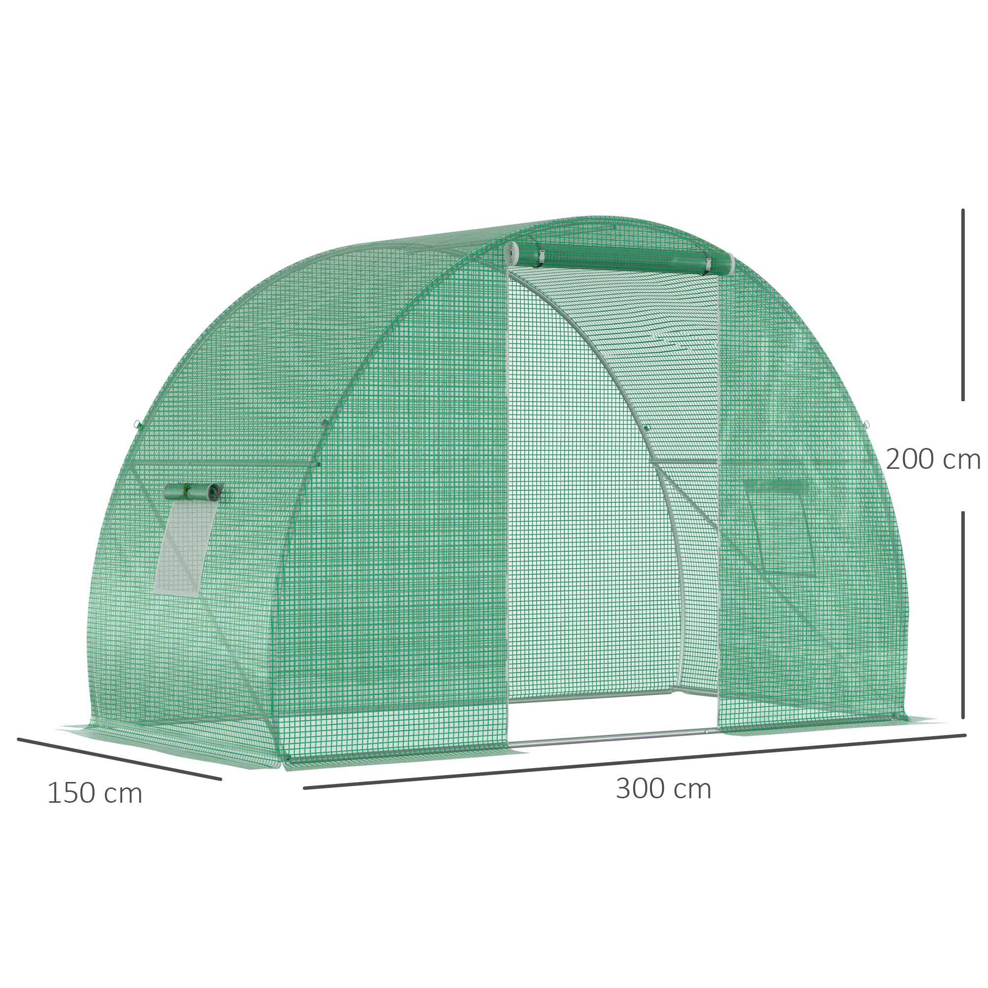 Garden Tunnel Greenhouse Wintering Greenhouse Ground Area 4.5 m² Dimensions 3L x 1.5W x 2H m Reinforced Tubular Frame Zippered Door 2 Roll-Up Windows Green