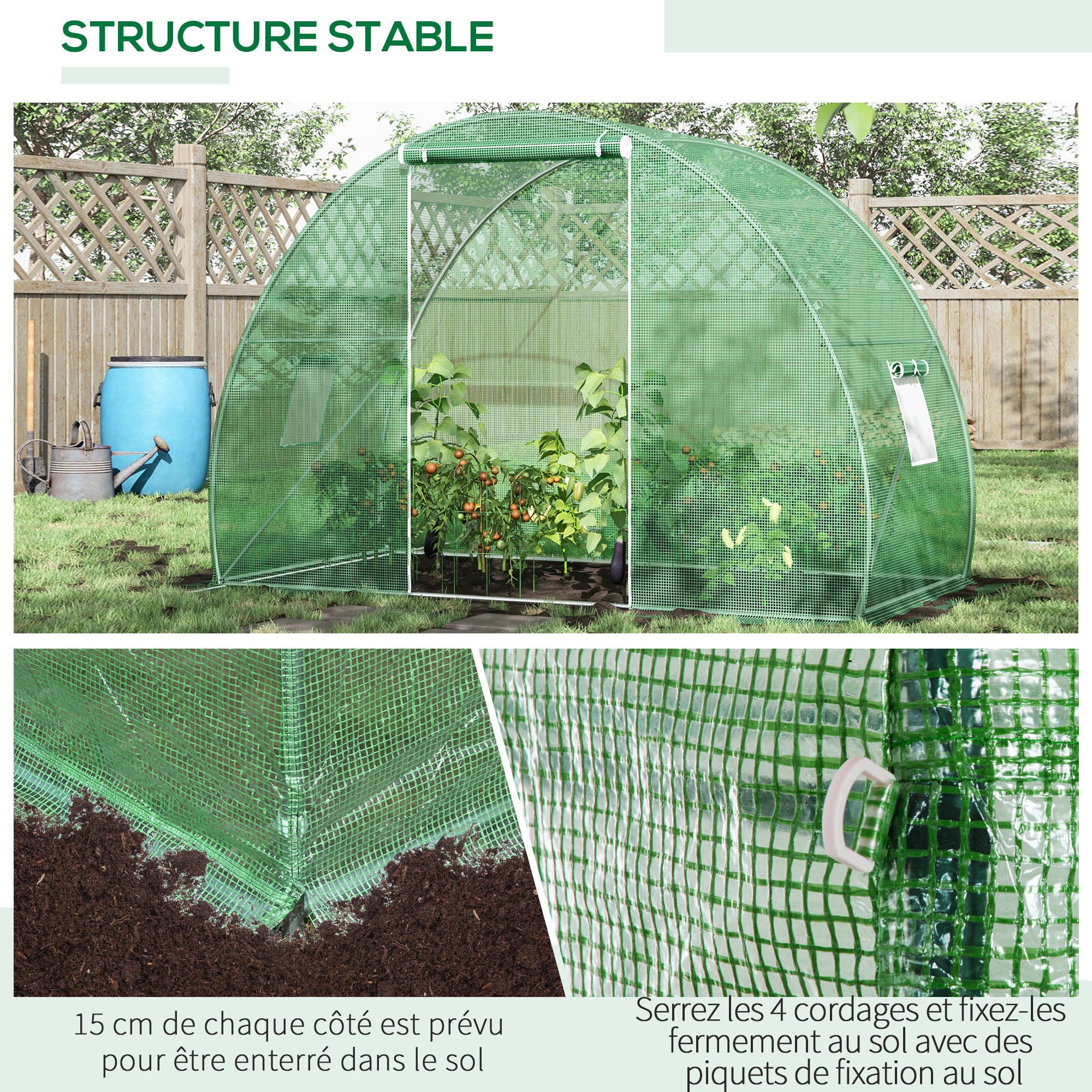 Garden Tunnel Greenhouse Wintering Greenhouse Ground Area 4.5 m² Dimensions 3L x 1.5W x 2H m Reinforced Tubular Frame Zippered Door 2 Roll-Up Windows Green