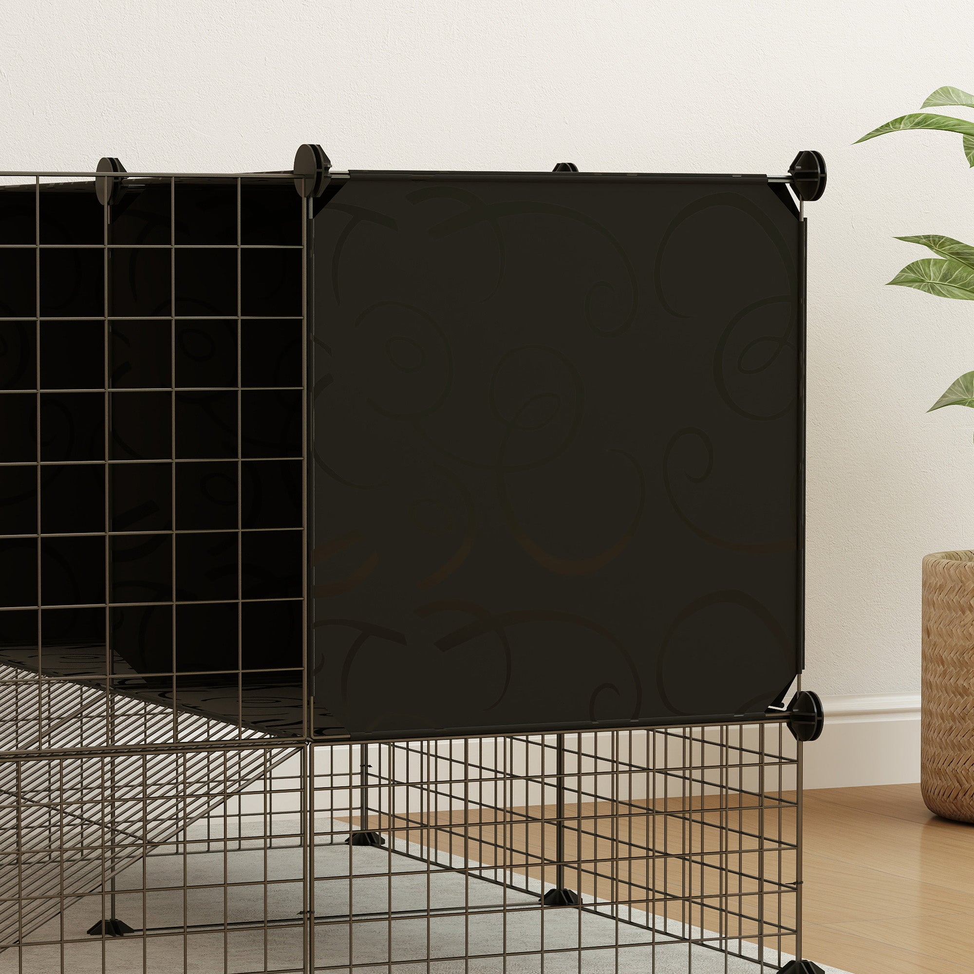 Modular Small Animal Cage with 2 Raised Houses, Indoor Rabbit Fence, Guinea Pig and Hedgehog Cage with 31 Panels, Black