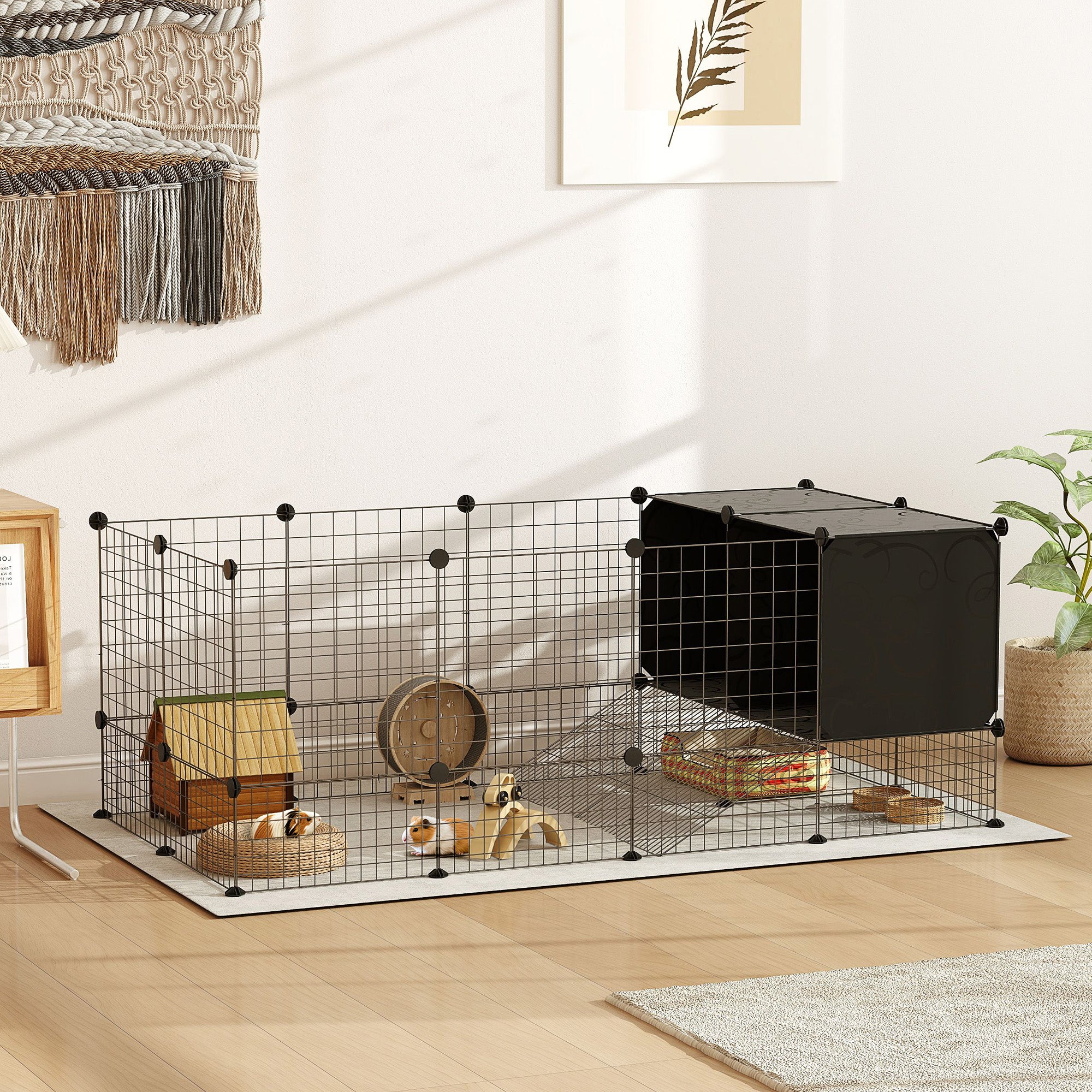 Modular Small Animal Cage with 2 Raised Houses, Indoor Rabbit Fence, Guinea Pig and Hedgehog Cage with 31 Panels, Black