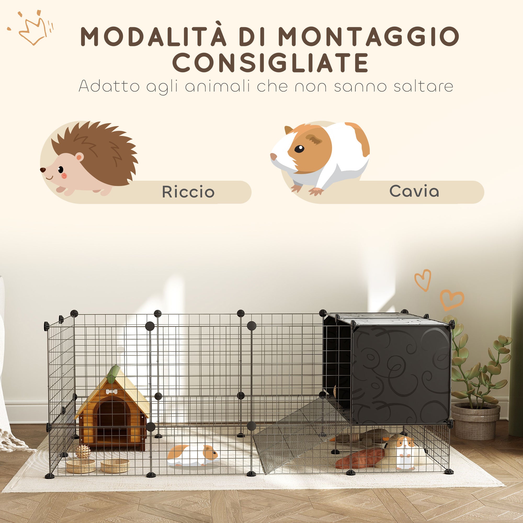 Modular Small Animal Cage with 2 Raised Houses, Indoor Rabbit Fence, Guinea Pig and Hedgehog Cage with 31 Panels, Black