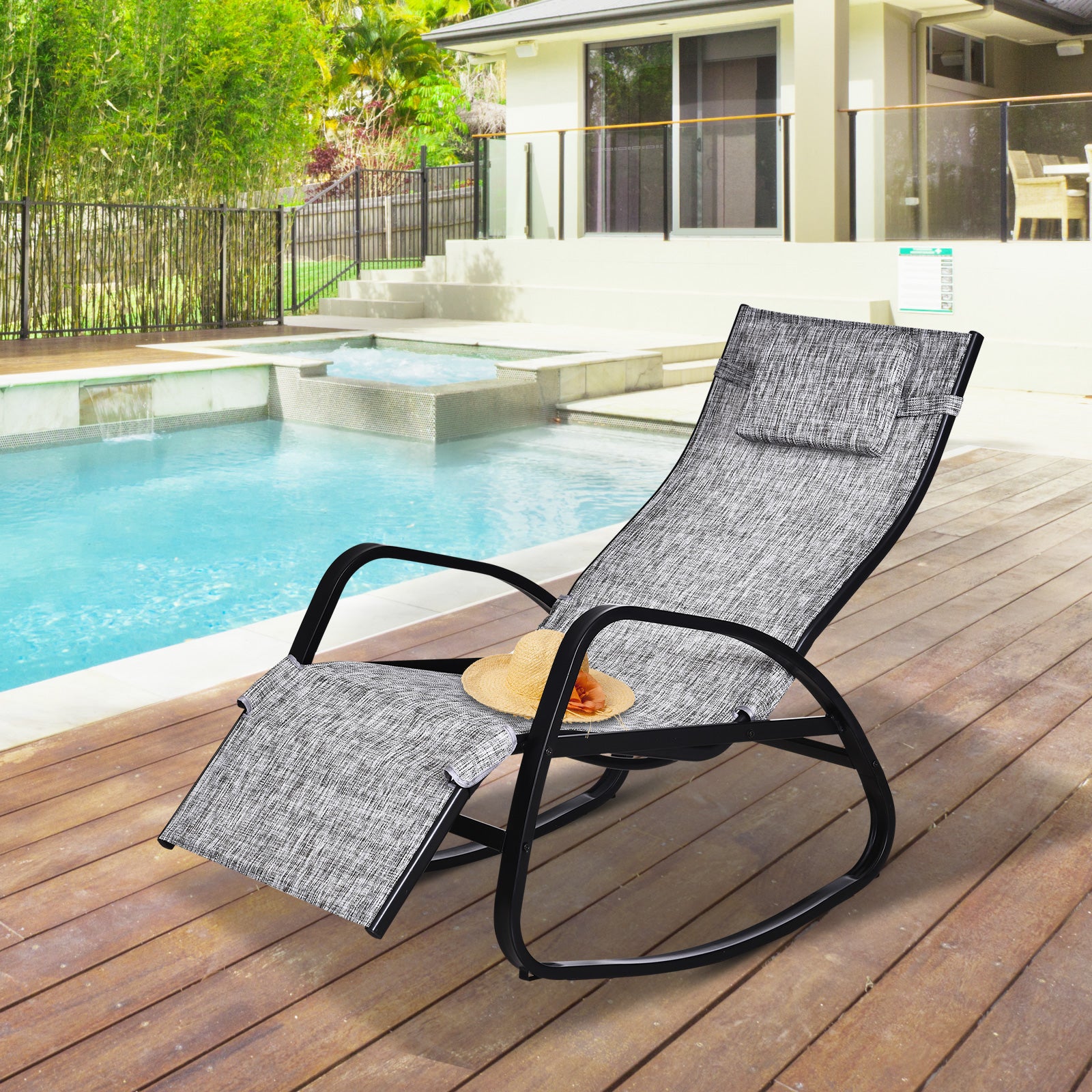 Rocking Chair with Adjustable Backrest and Footrest, Rocking Lounger with Headrest, Garden Recliner, Swing Lounger, Texteline, Gray, 64 x 94 x 108 cm