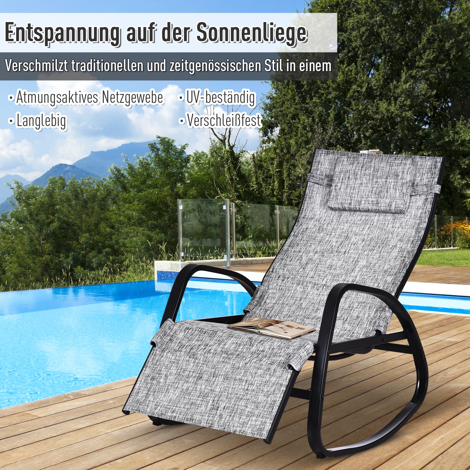 Rocking Chair with Adjustable Backrest and Footrest, Rocking Lounger with Headrest, Garden Recliner, Swing Lounger, Texteline, Gray, 64 x 94 x 108 cm