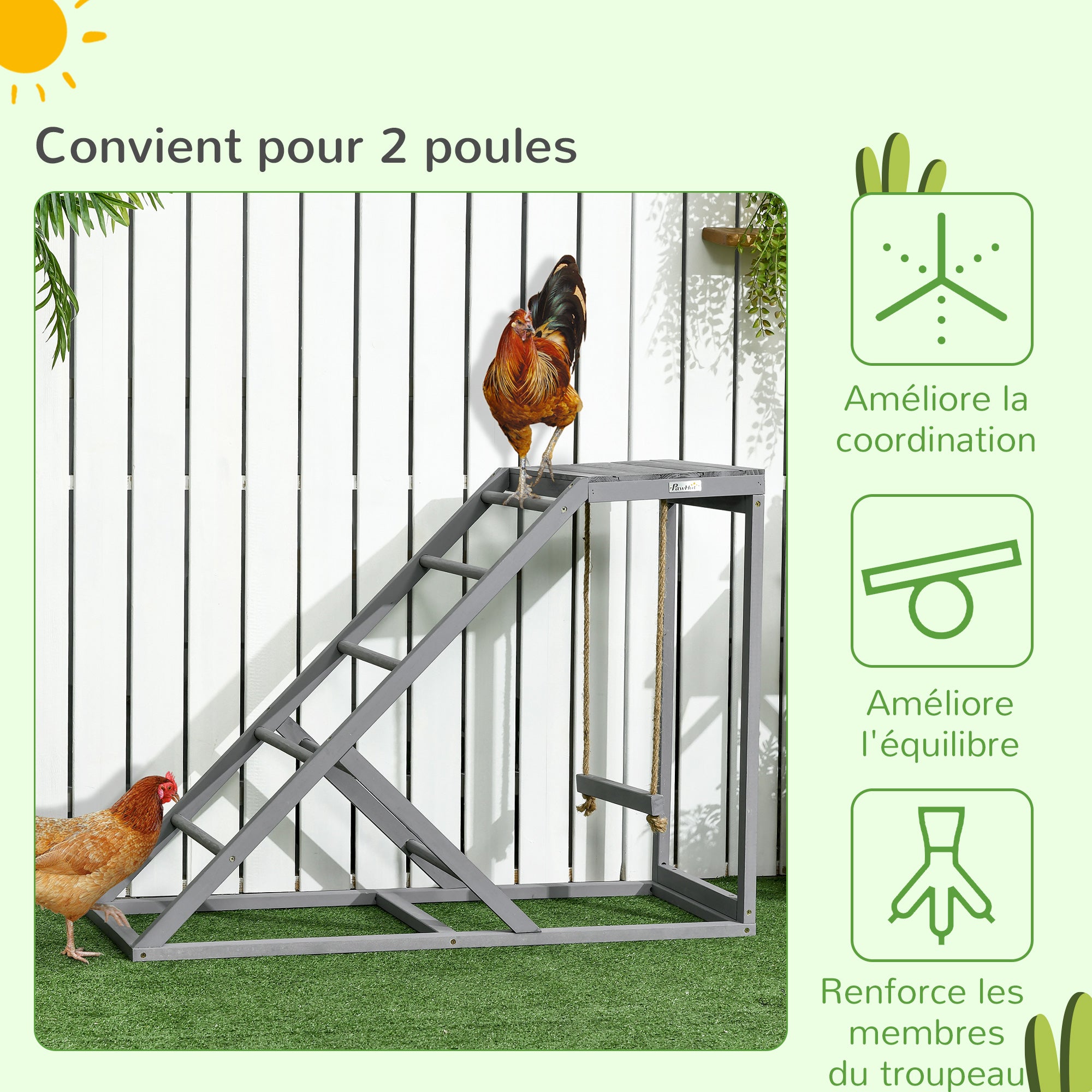 Wooden Chicken Perch & Playstand with Swing, Ladder & Platform — Natural-Style Chicken Roost, 37.8×15.7×27.9 in (96×40×71 cm), Gray