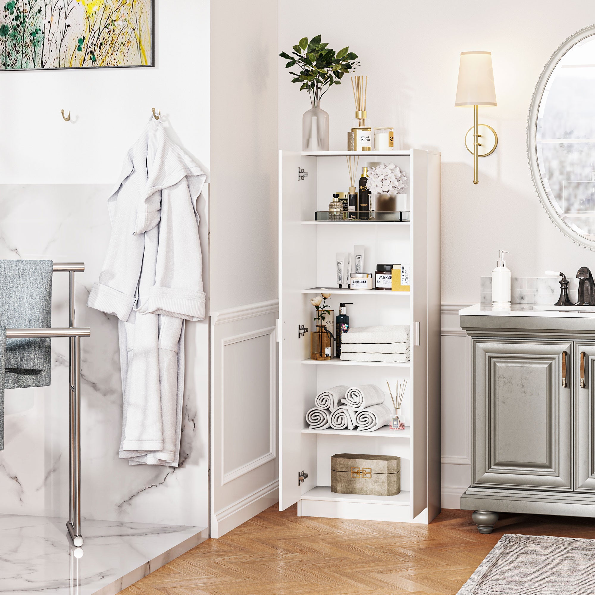 Multi-Purpose Wardrobe with Swing Doors, 5 Shelves, and 3 Adjustable Levels, Chipboard Wooden Credenza for Shoes, Entryway, Bedroom, and Bathroom, 60x31.5x165 cm, White